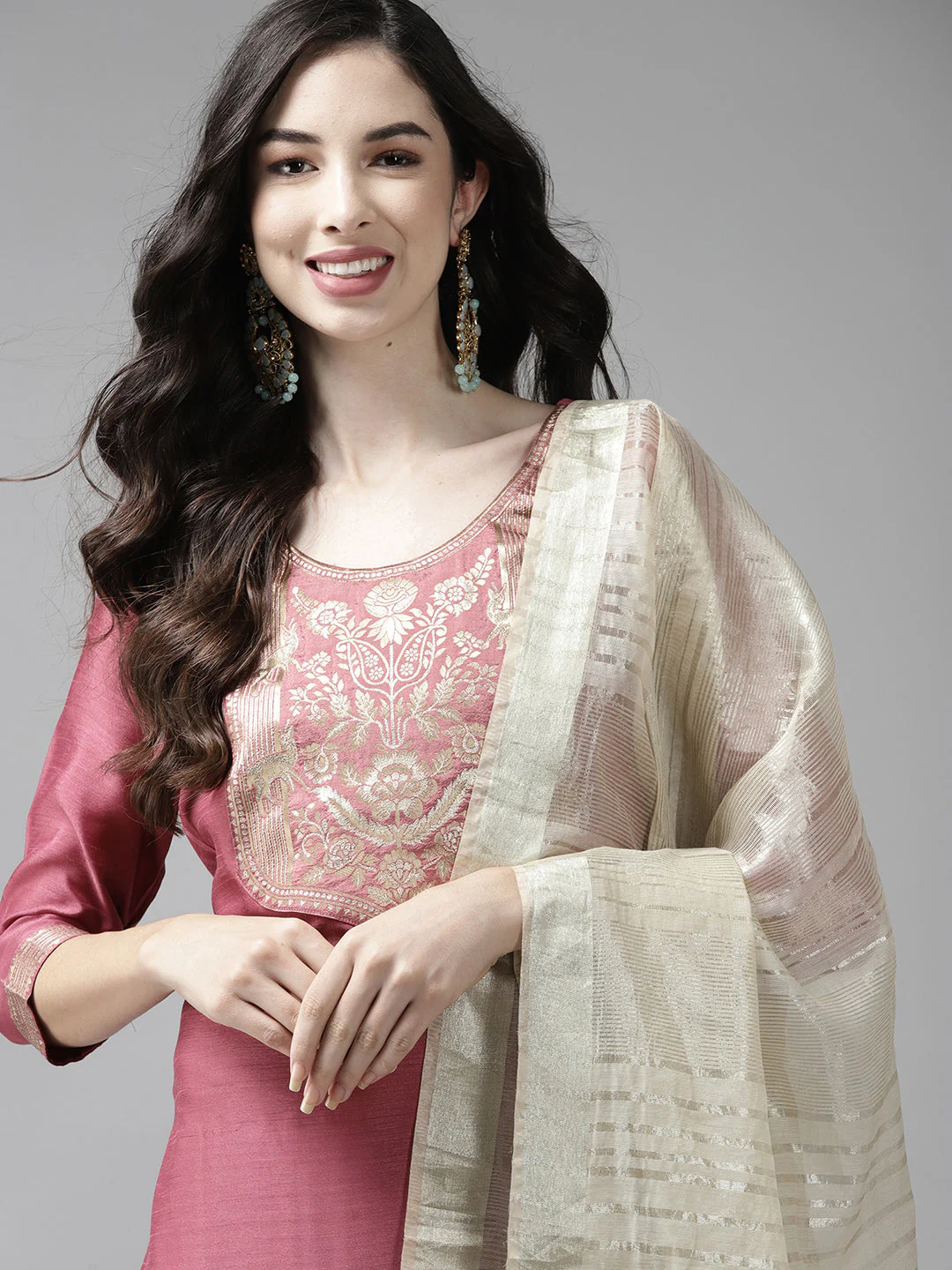 Indo Era Solid Pink Straight Kurta Palazzo With Dupatta Set - Image 3