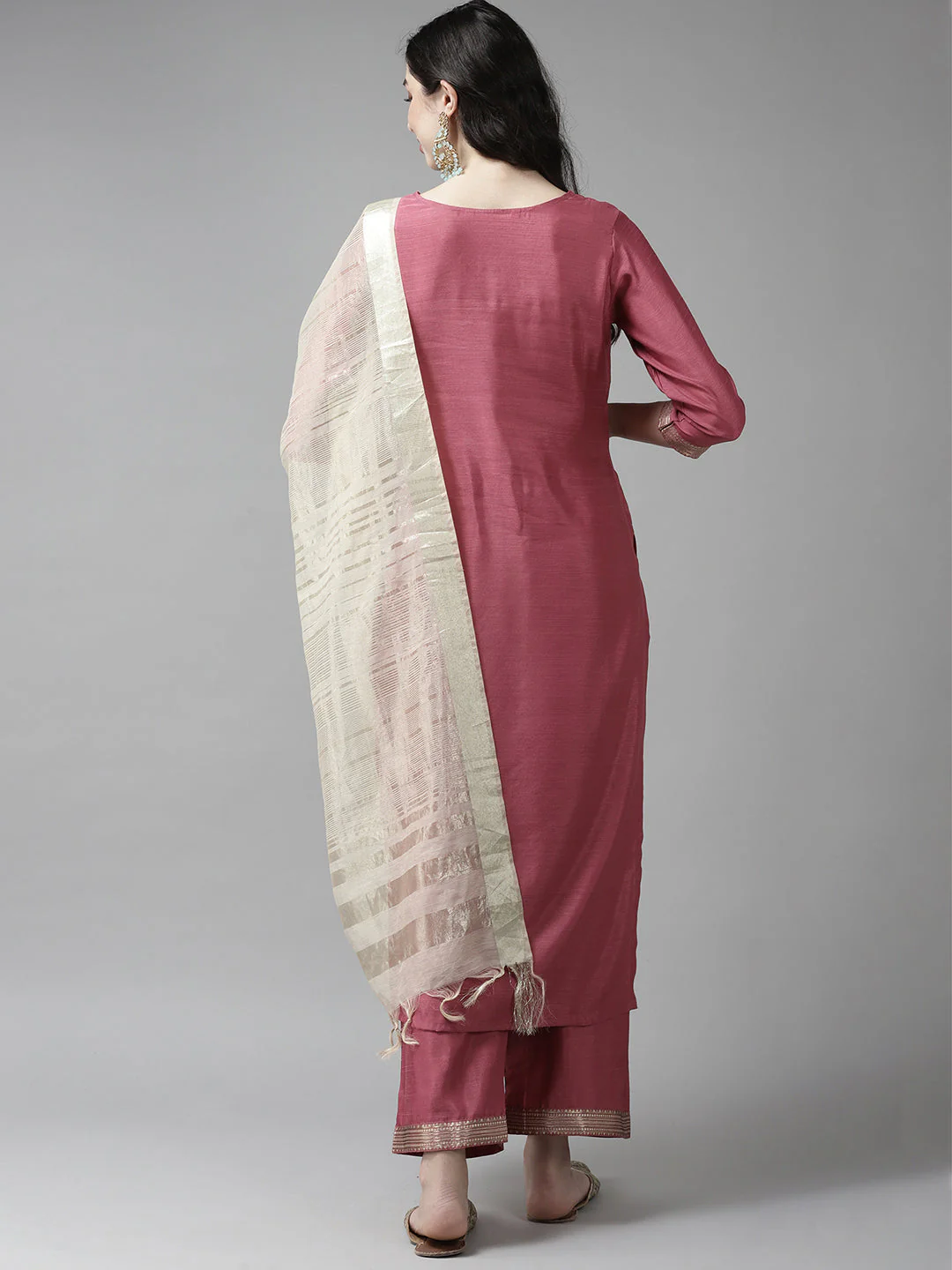 Indo Era Solid Pink Straight Kurta Palazzo With Dupatta Set - Image 5
