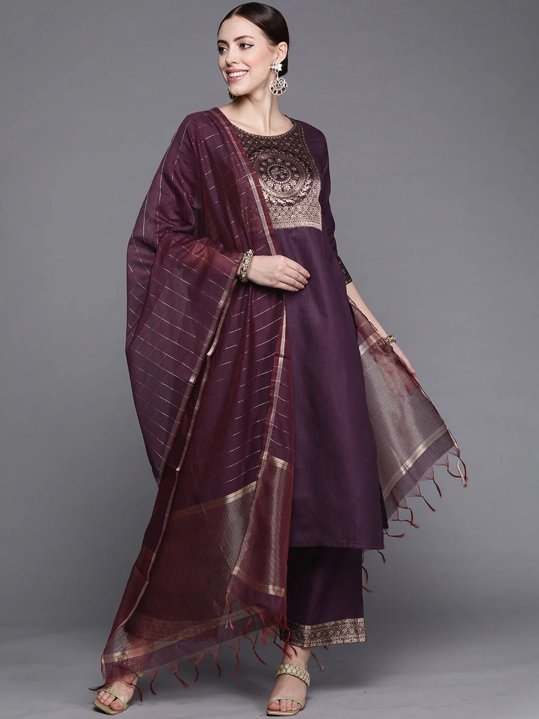 Solid Wine Straight Kurta Palazzo With Dupatta - Image 3