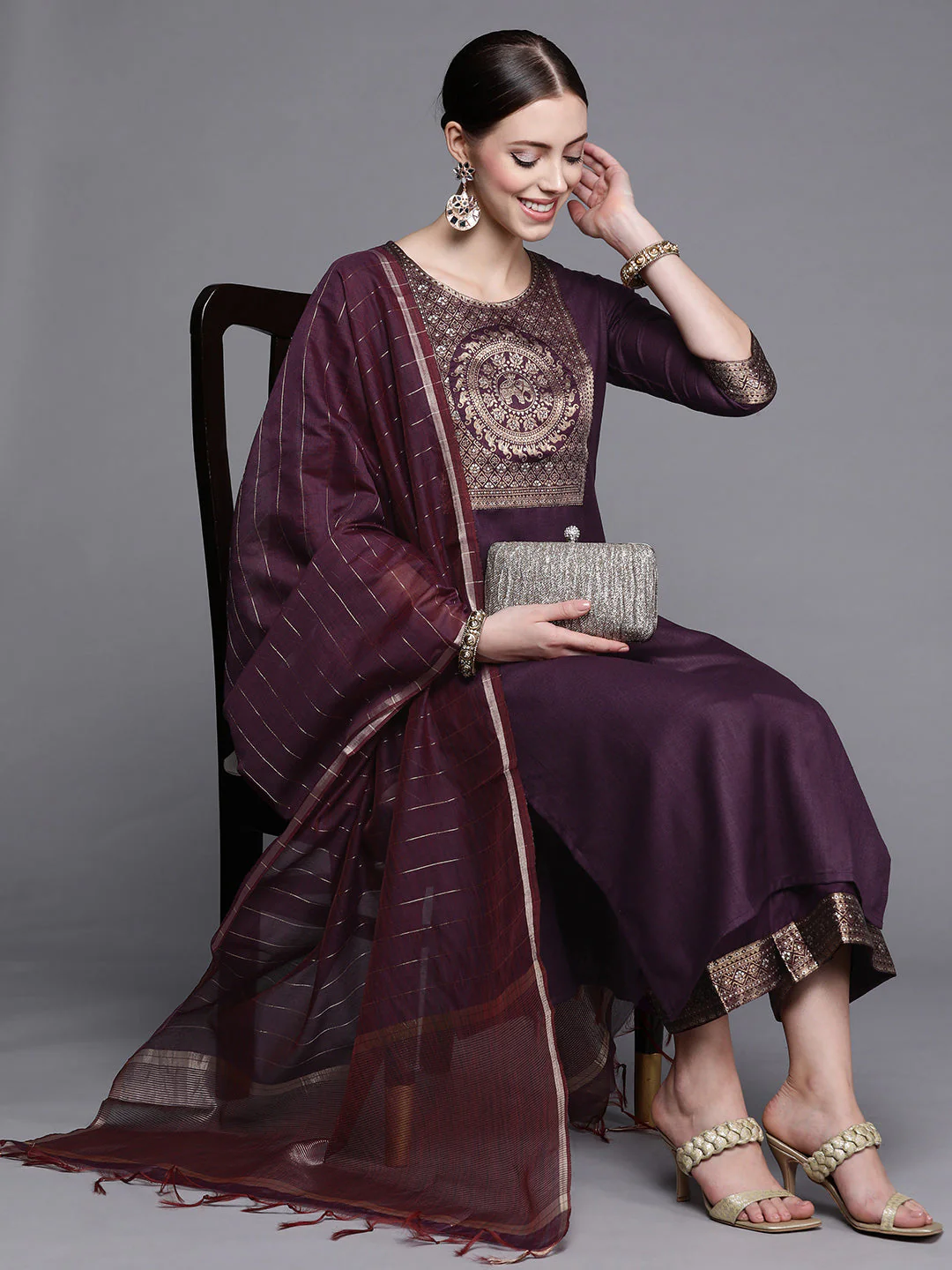 Solid Wine Straight Kurta Palazzo With Dupatta - Image 4
