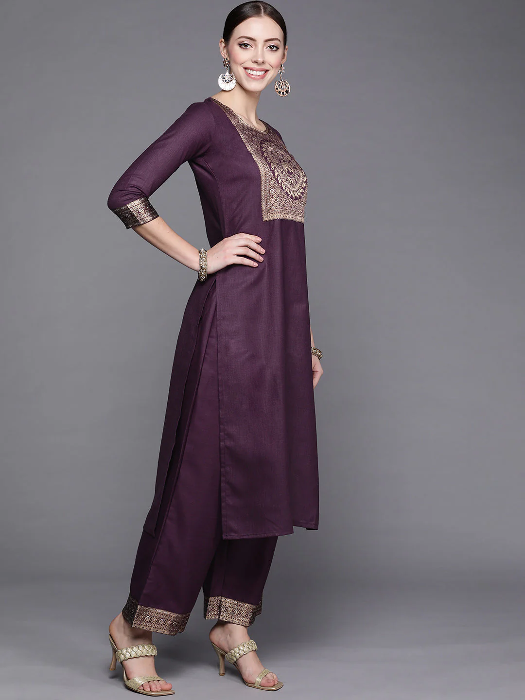 Solid Wine Straight Kurta Palazzo With Dupatta - Image 5