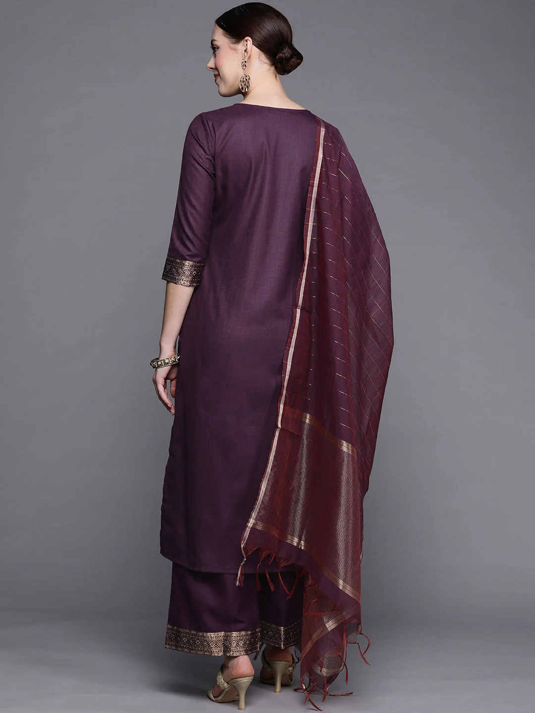 Solid Wine Straight Kurta Palazzo With Dupatta - Image 6