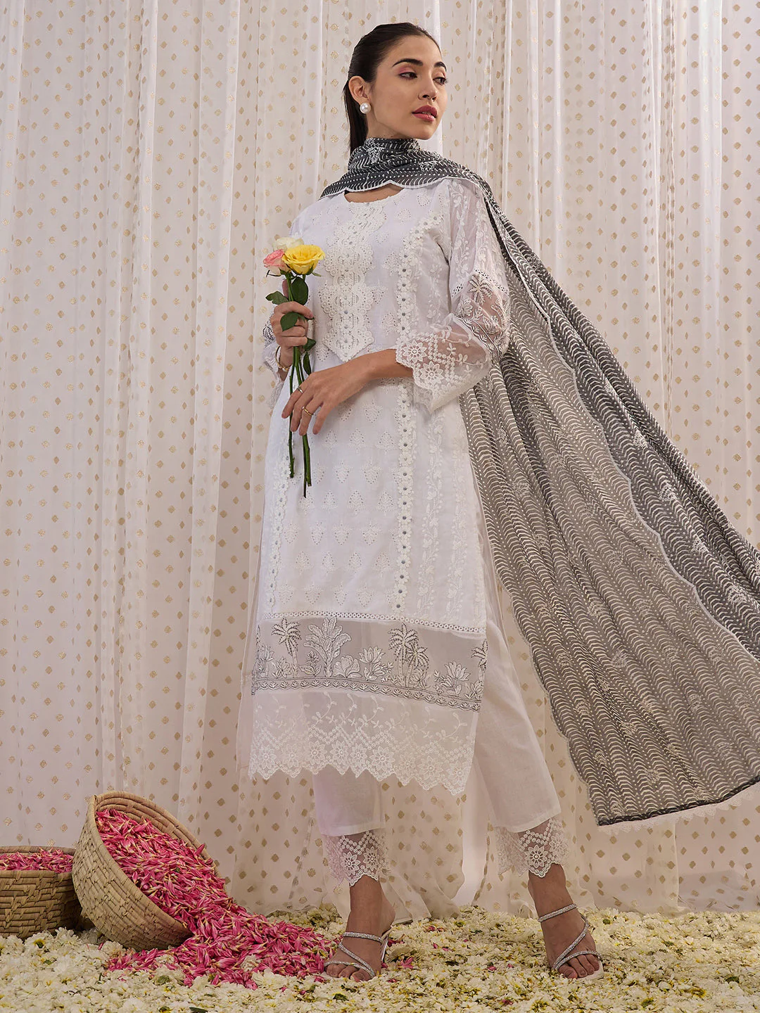 Indo Era White Embroidered Straight Kurta Trousers With Dupatta set - Image 3