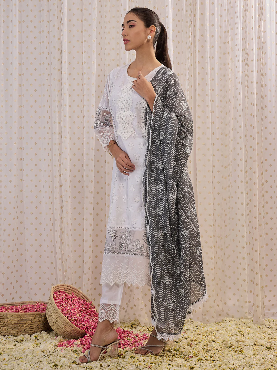 Indo Era White Embroidered Straight Kurta Trousers With Dupatta set - Image 4