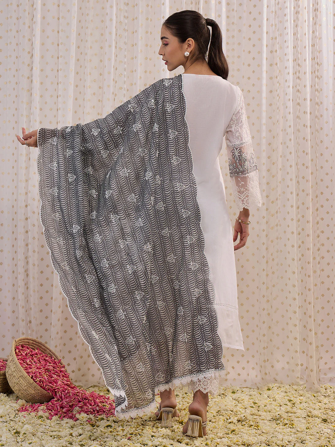 Indo Era White Embroidered Straight Kurta Trousers With Dupatta set - Image 5
