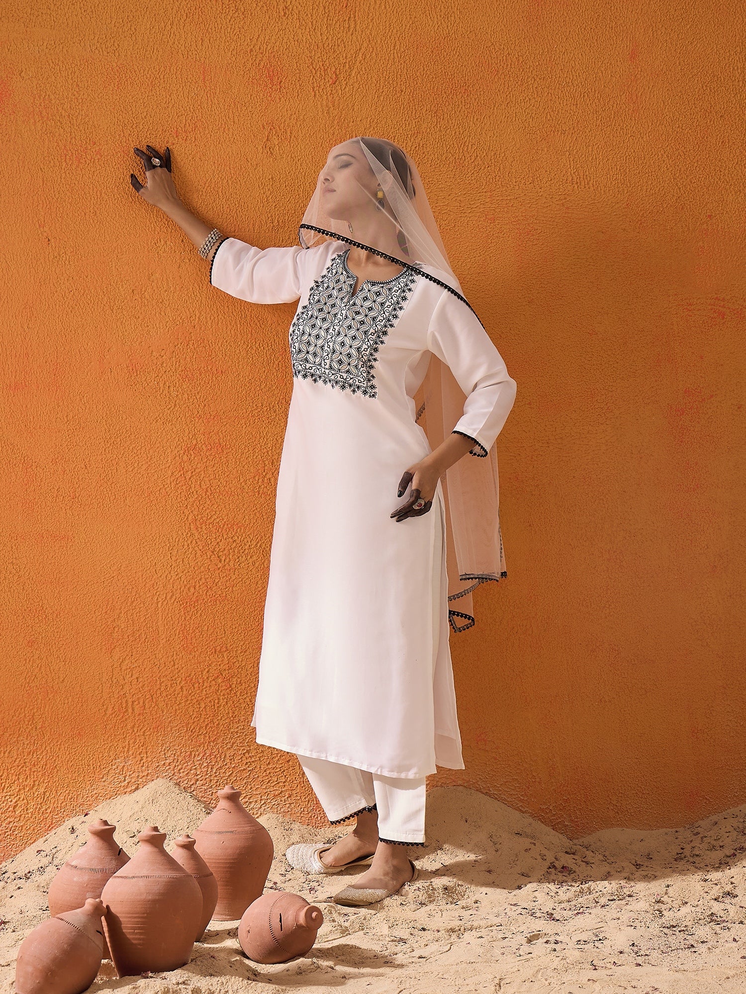 Indo Era White Embroidered Straight Kurta Trousers With Dupatta Set - Image 3