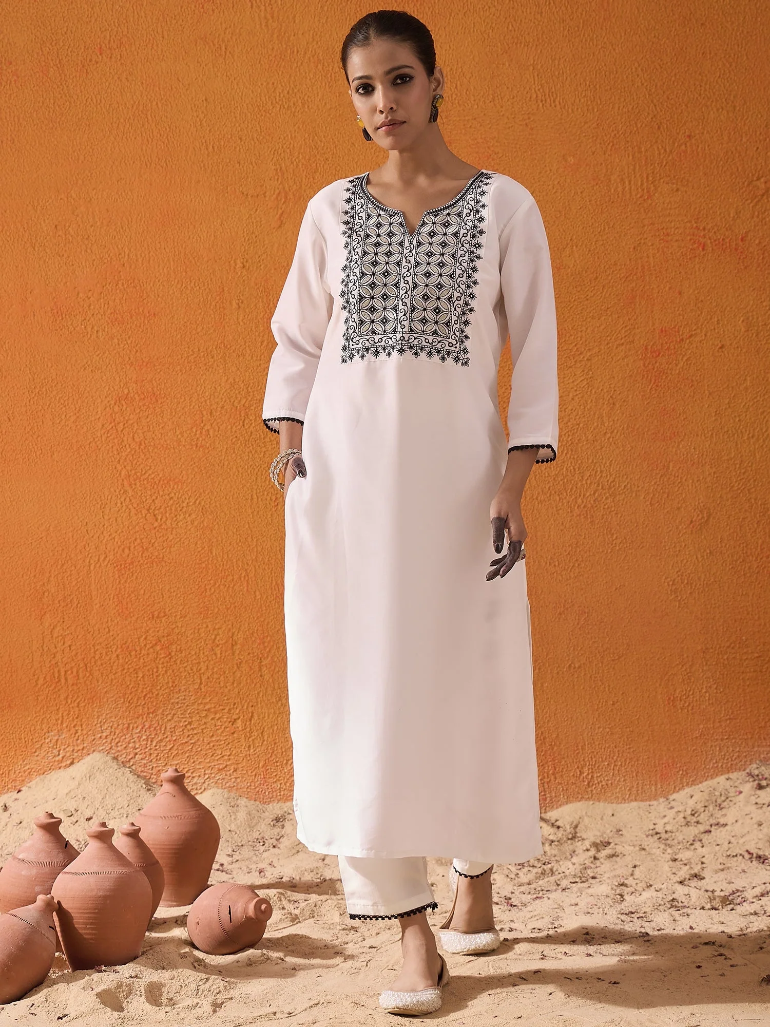 Indo Era White Embroidered Straight Kurta Trousers With Dupatta Set - Image 4