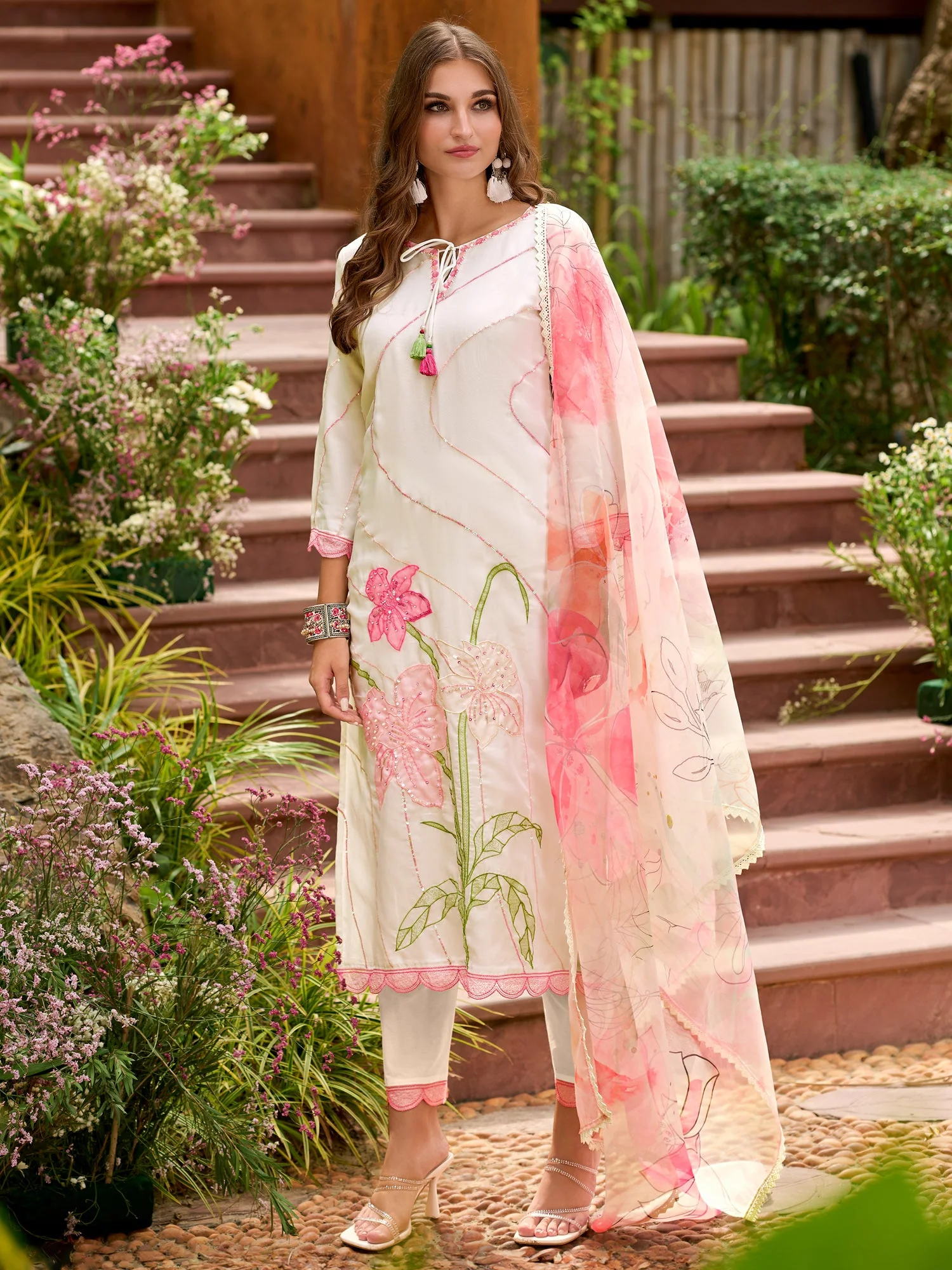 Indo Era White Embroidered Straight Kurta Trousers With Dupatta set - Image 3