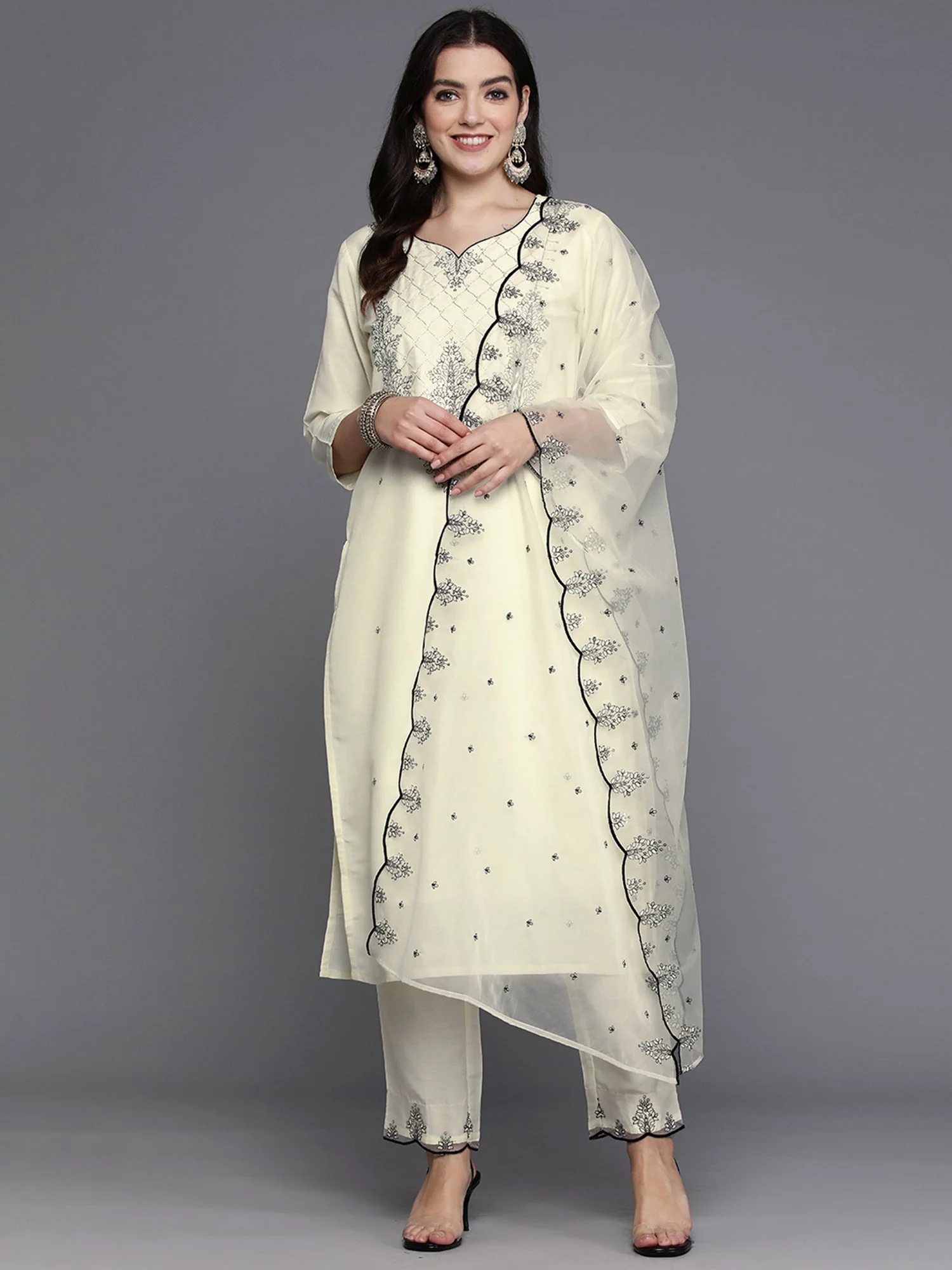 Indo Era White Embroidered Straight Kurta Trousers With Dupatta - Image 4
