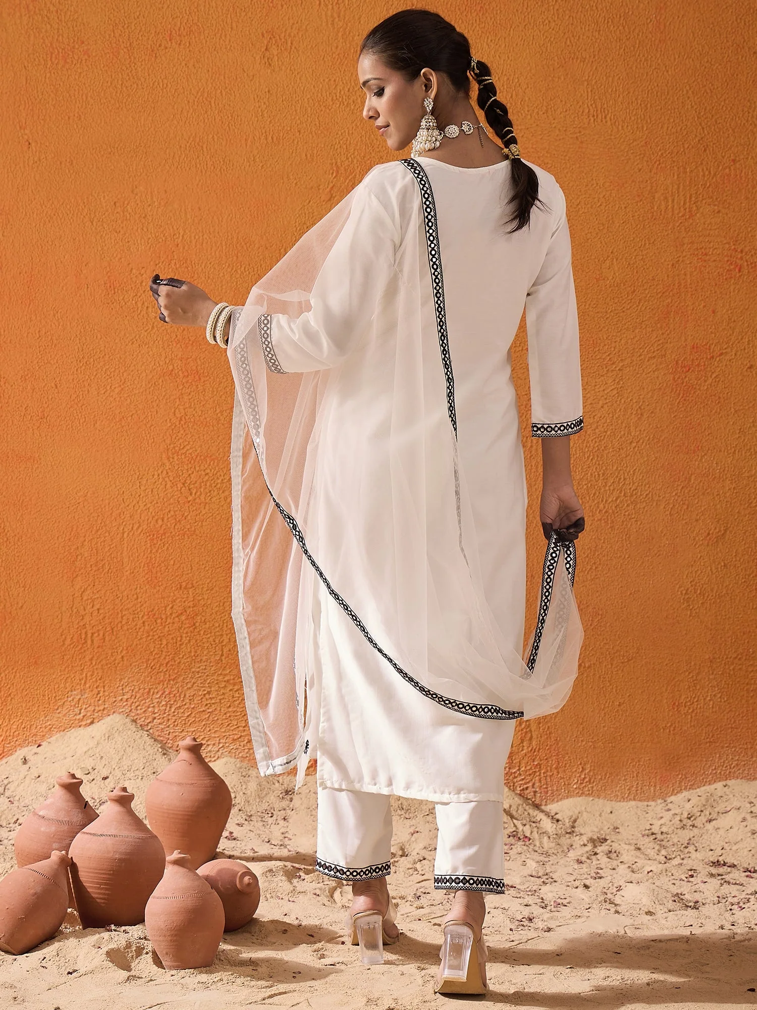 Indo Era White Embroidered Straight Kurta Trousers With Dupatta Set - Image 5