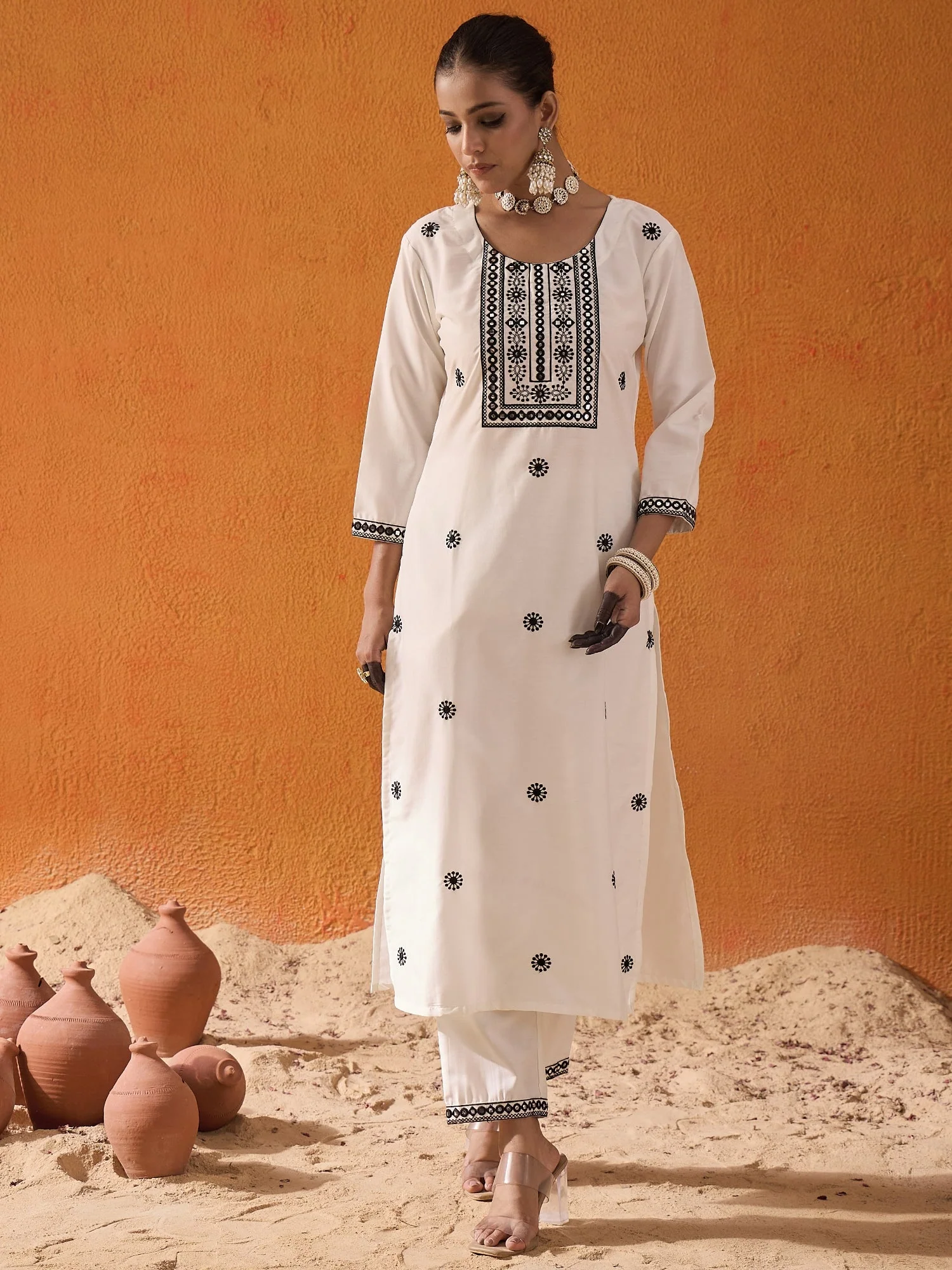 Indo Era White Embroidered Straight Kurta Trousers With Dupatta Set - Image 6