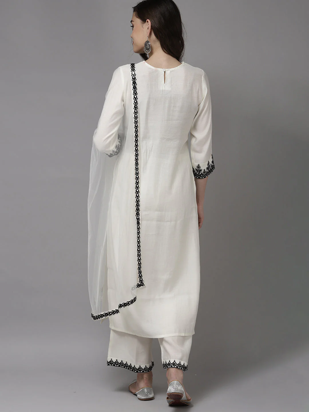 Indo Era White Cotton Blend Straight Kurta With Palazzos With Dupatta - Image 5