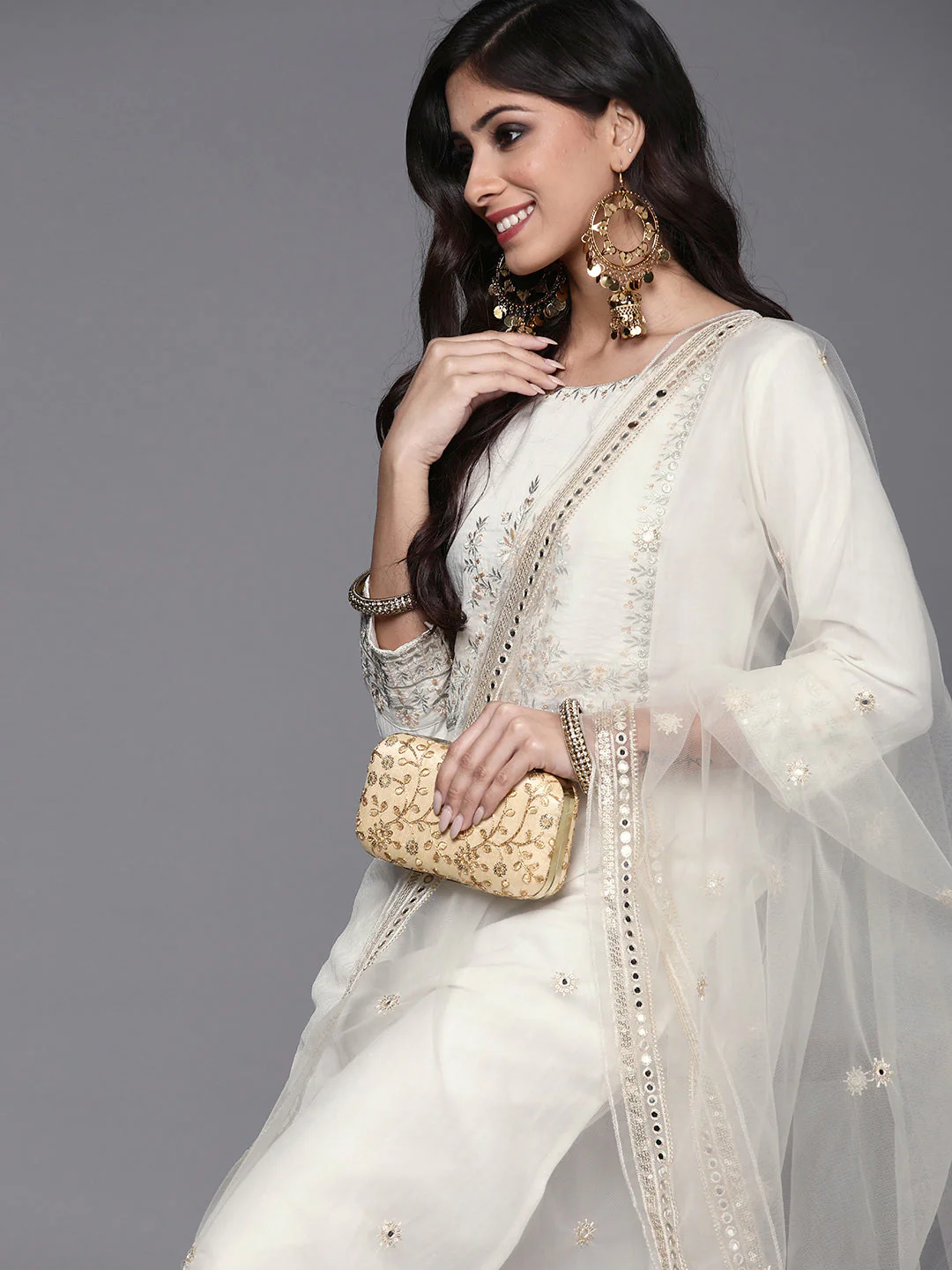 Indo Era White Floral Embroidered Straight Kurta Trouser With Dupatta Set - Image 4