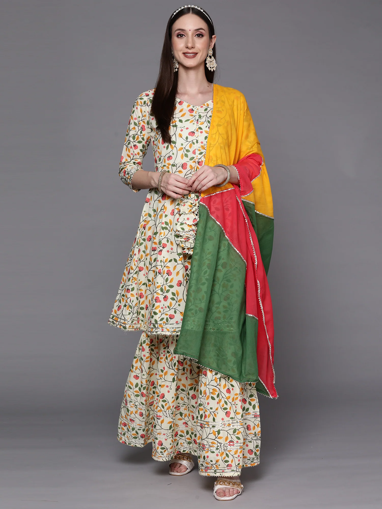 Indo Era White Printed Angarkha Sharara With Dupattab Set - Image 3