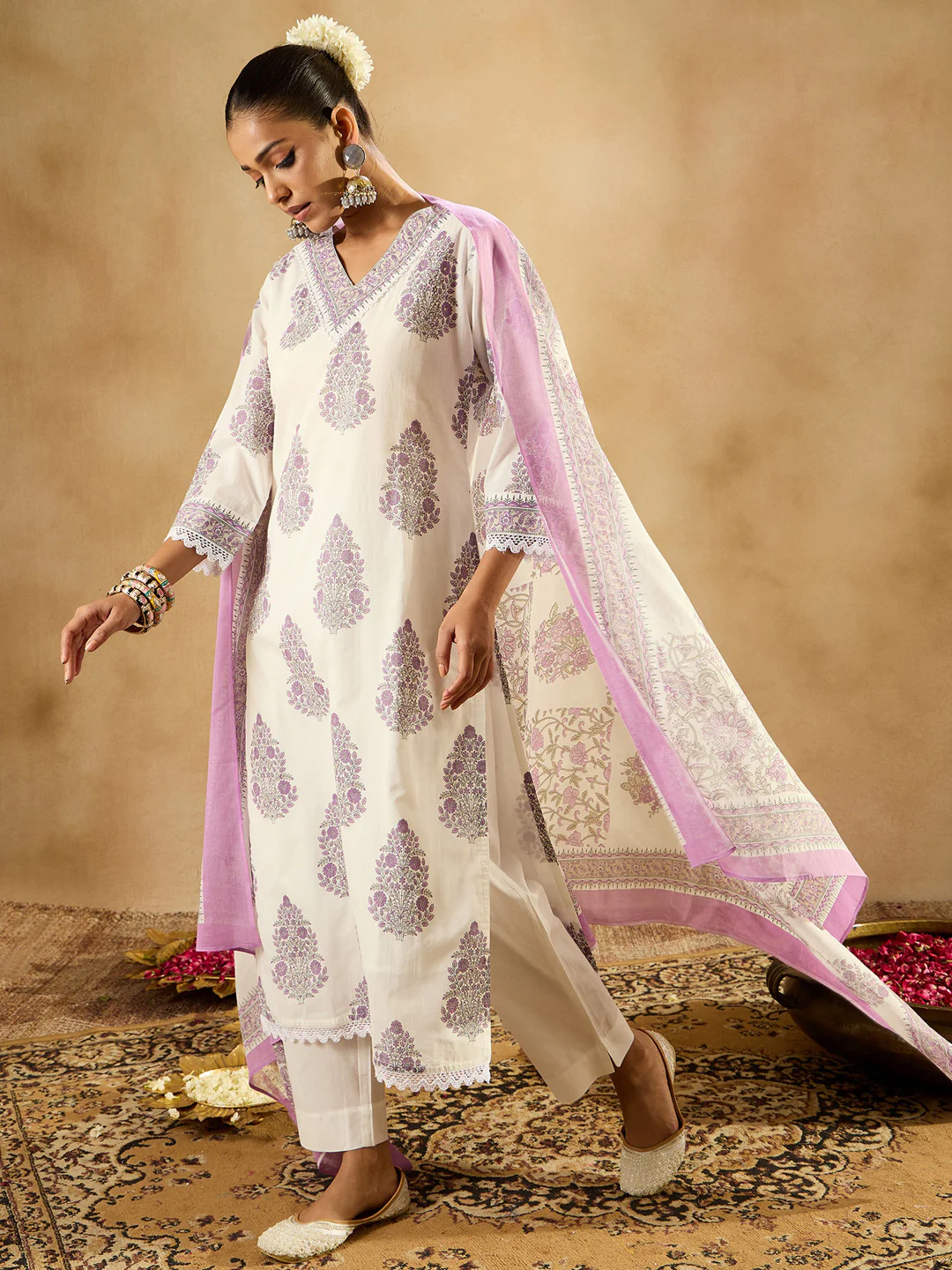 Indo Era White Printed Straight Kurta Trousers With Dupatta set - Image 3