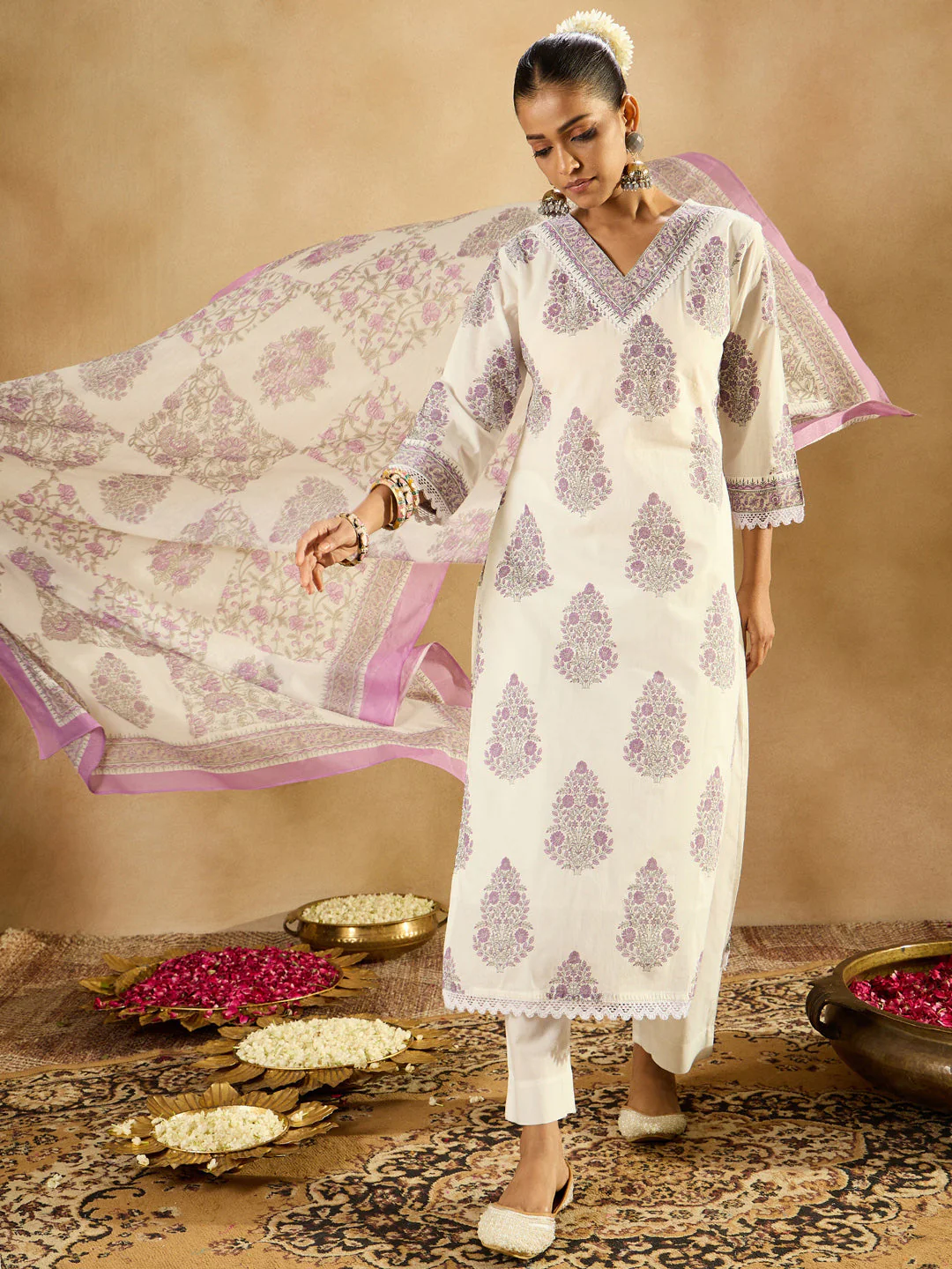 Indo Era White Printed Straight Kurta Trousers With Dupatta set - Image 4