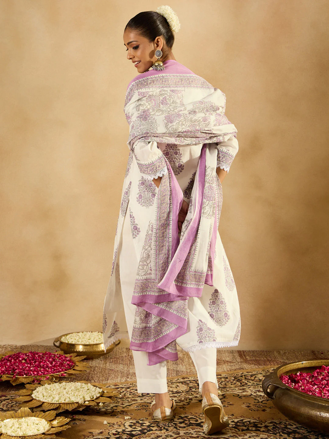 Indo Era White Printed Straight Kurta Trousers With Dupatta set - Image 5