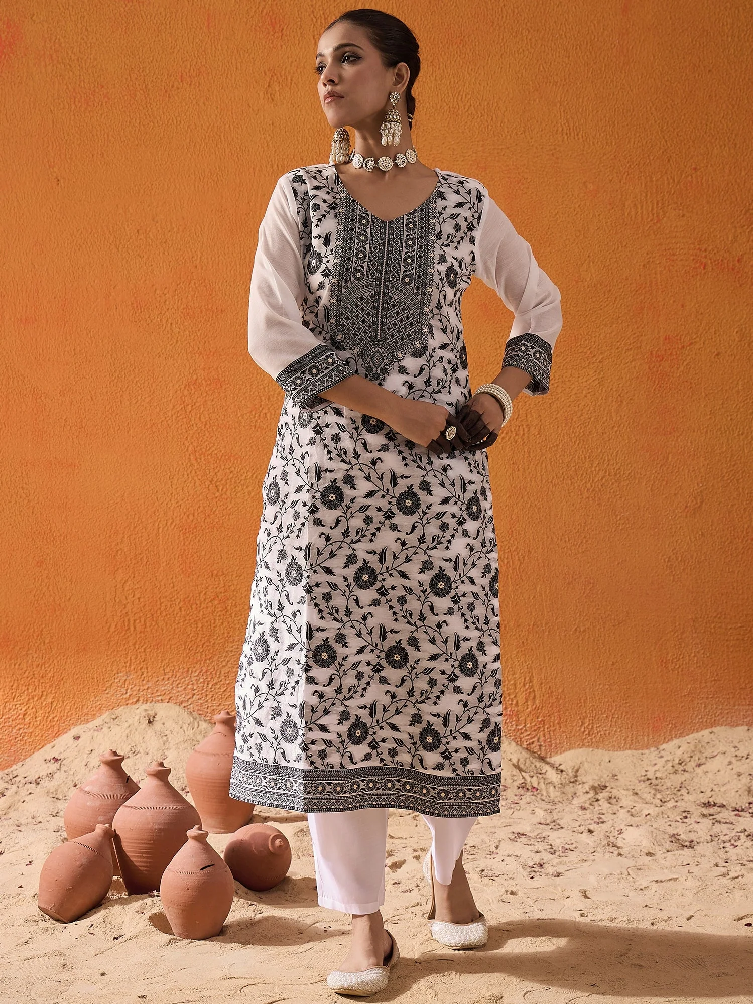 Indo Era White Woven Design Straight Kurta Trousers set - Image 3