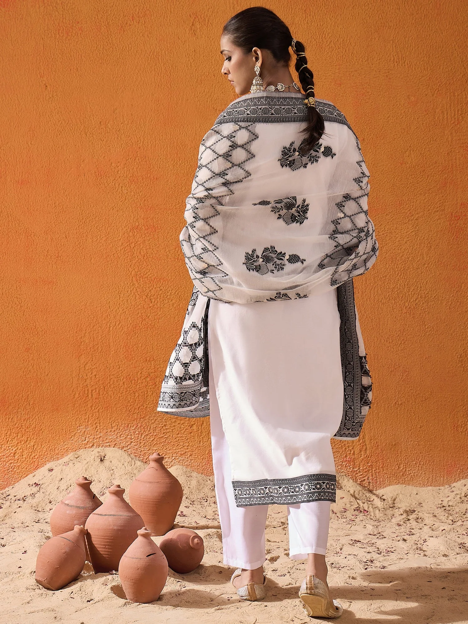 Indo Era White Woven Design Straight Kurta Trousers set - Image 5