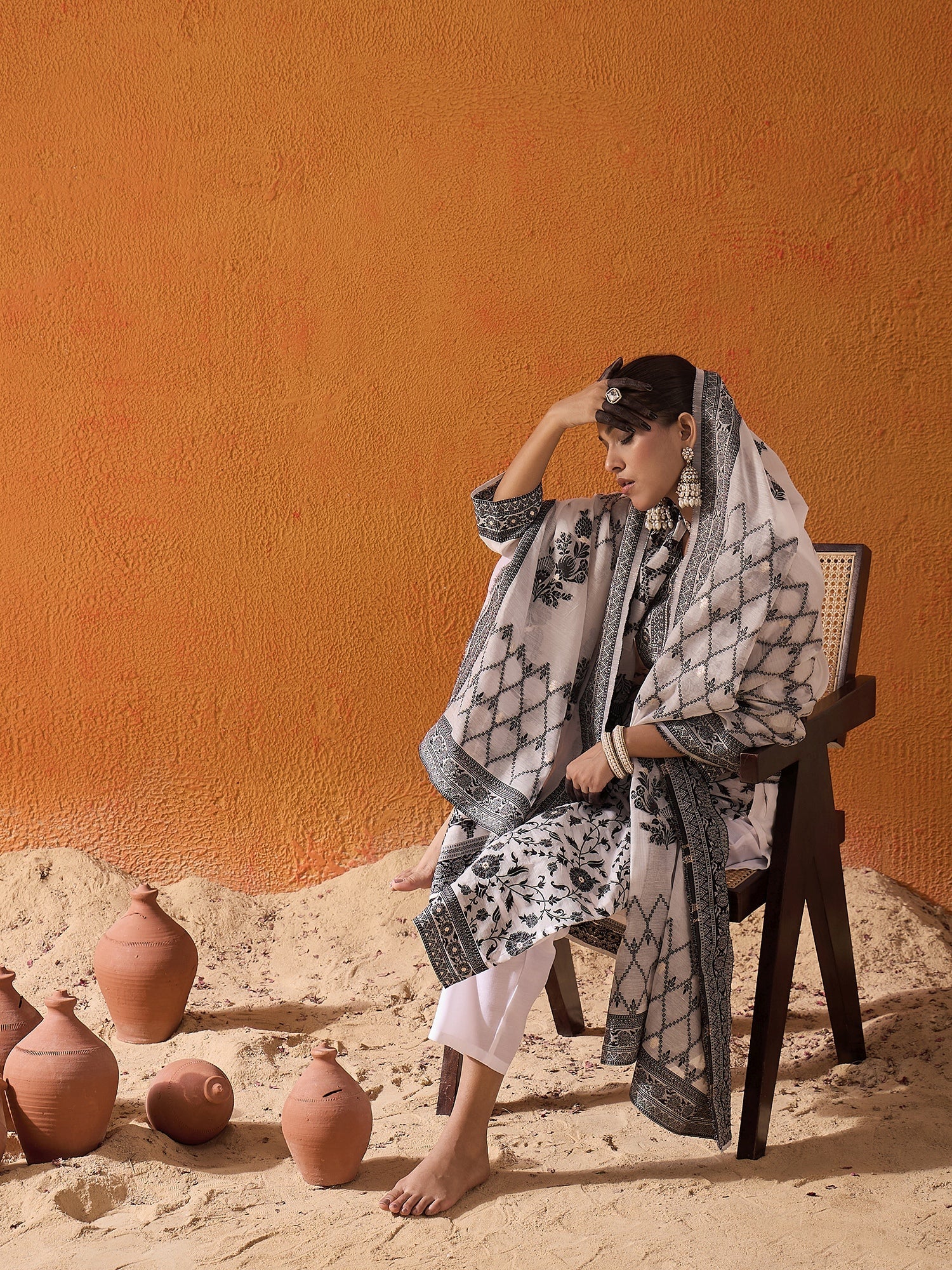 Indo Era White Woven Design Straight Kurta Trousers set - Image 6