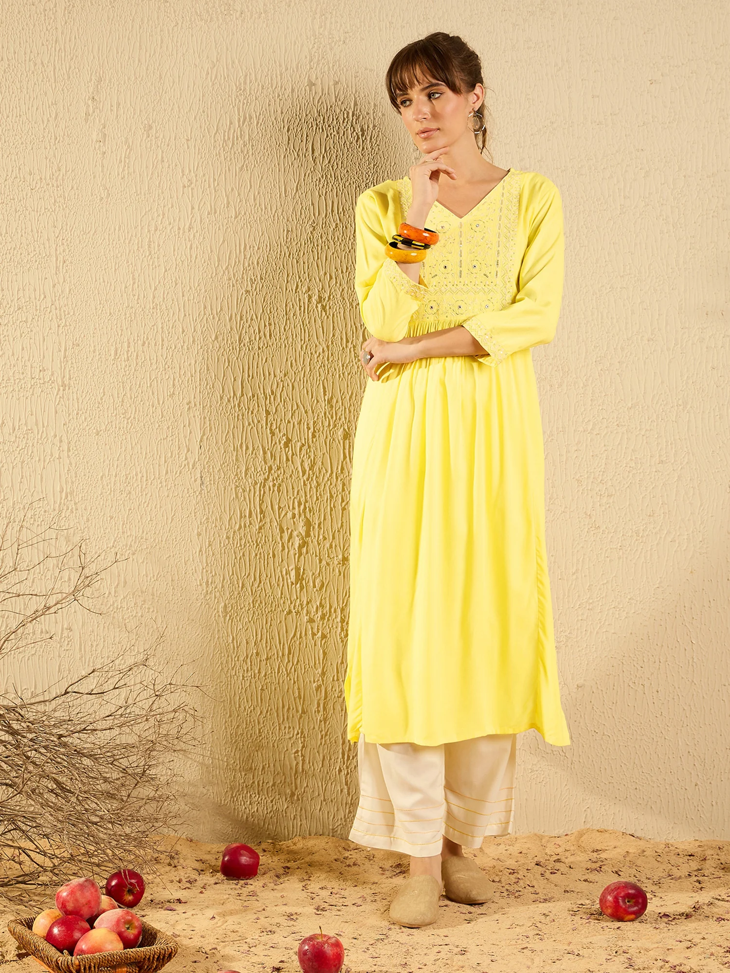 Yellow Embroidered A-Line Kurtas - Image 4