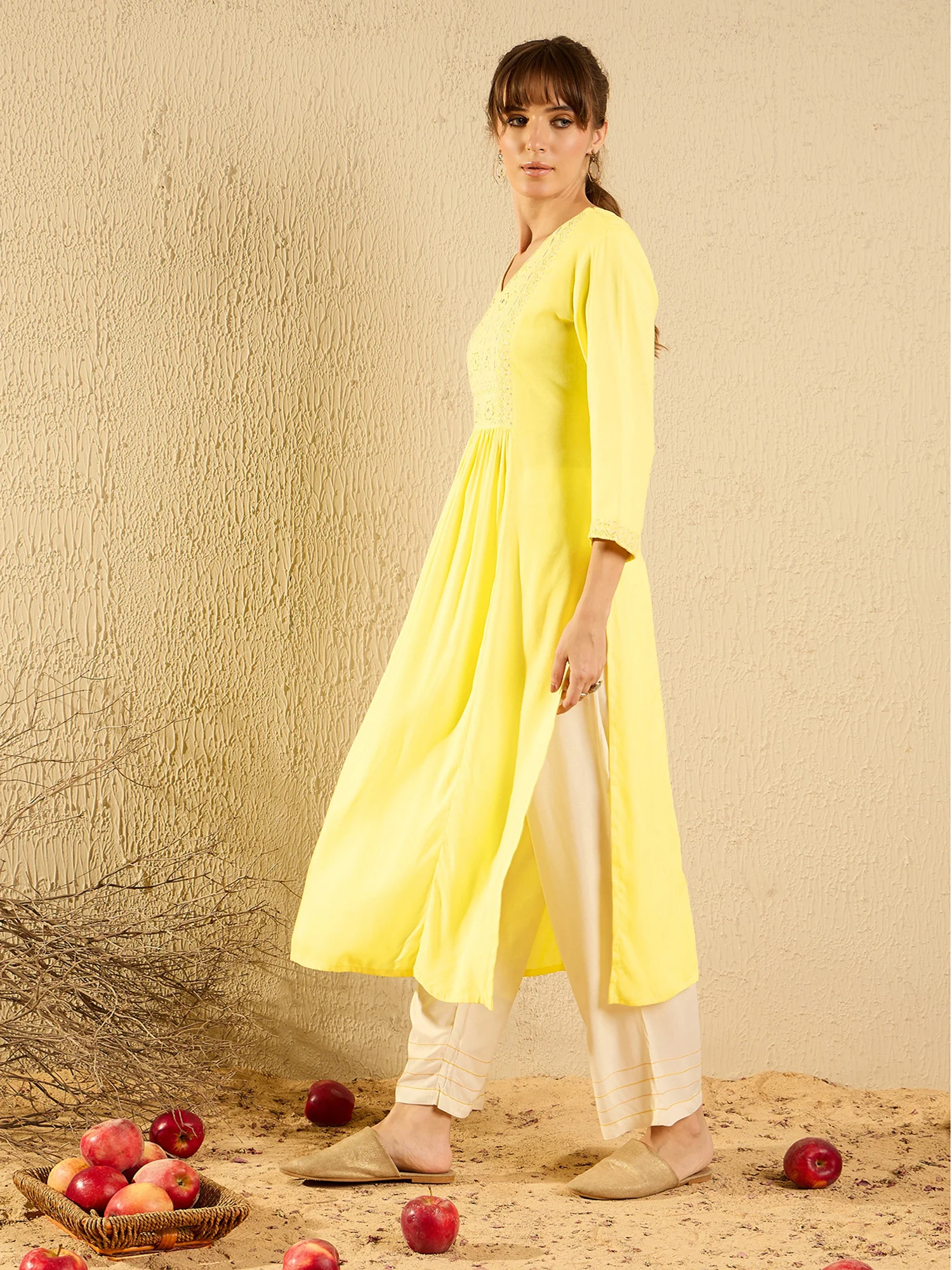 Yellow Embroidered A-Line Kurtas - Image 5