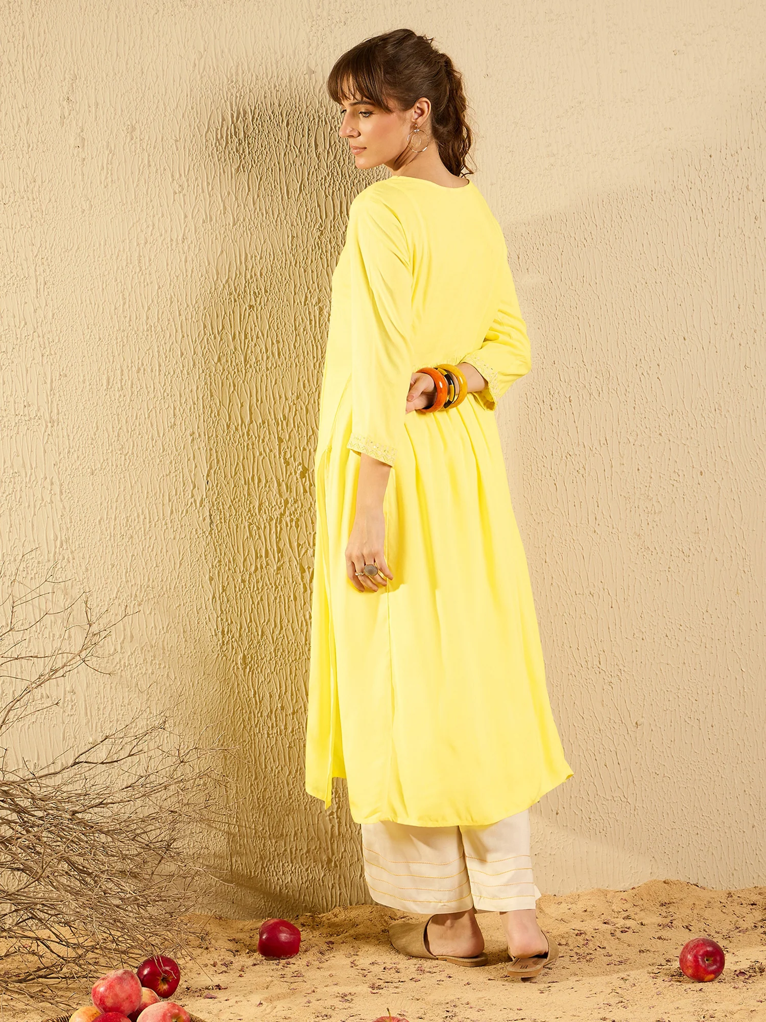 Yellow Embroidered A-Line Kurtas - Image 6