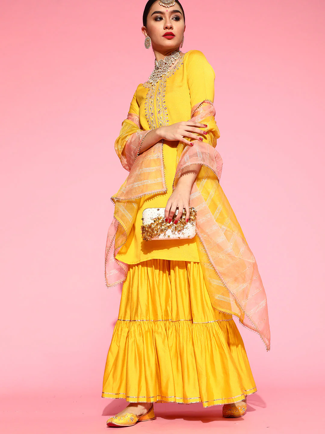 Indo Era Yellow Embroidered Straight Kurta Sharara With Dupatta Set - Image 3