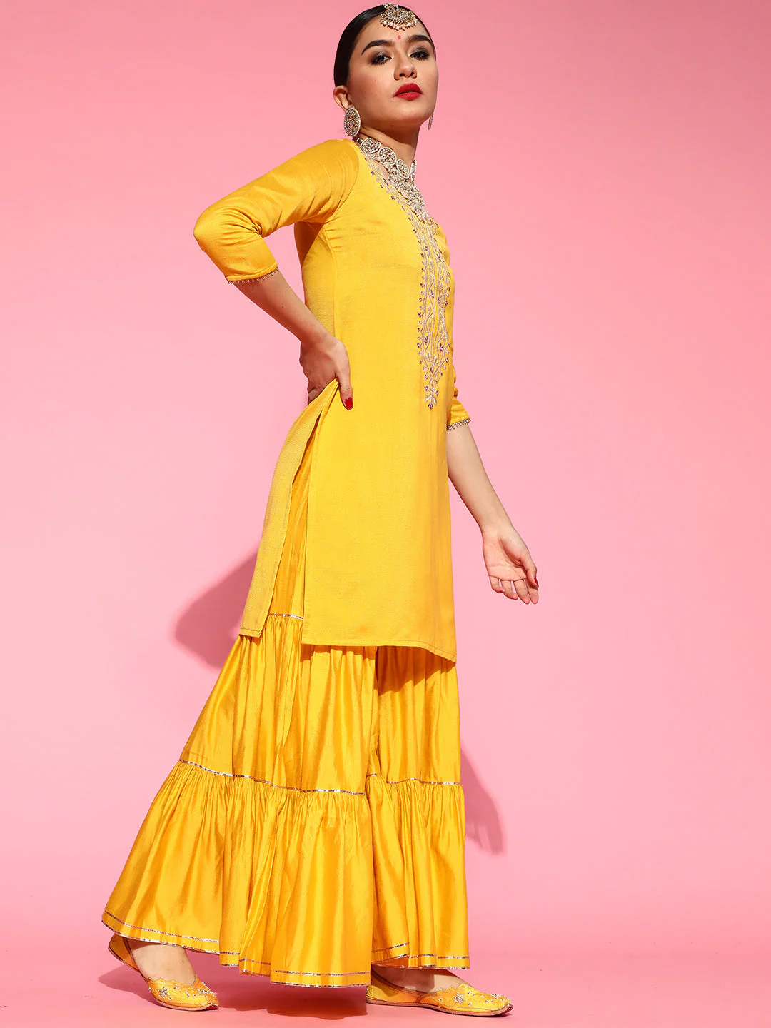 Indo Era Yellow Embroidered Straight Kurta Sharara With Dupatta Set - Image 4