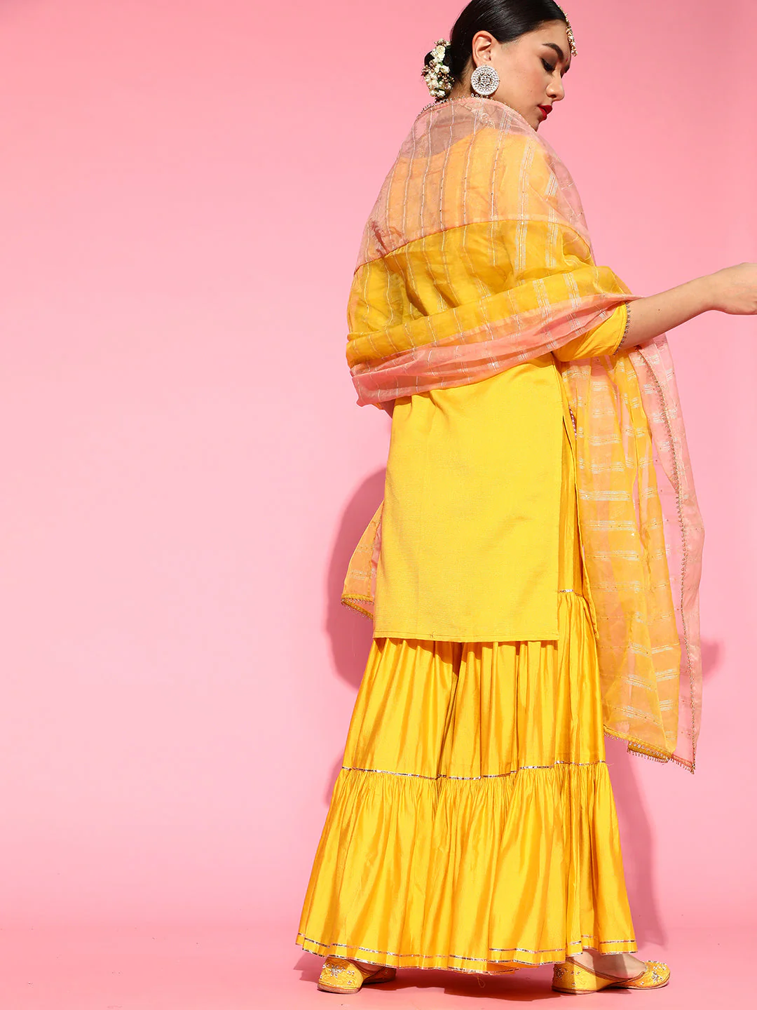 Indo Era Yellow Embroidered Straight Kurta Sharara With Dupatta Set - Image 5
