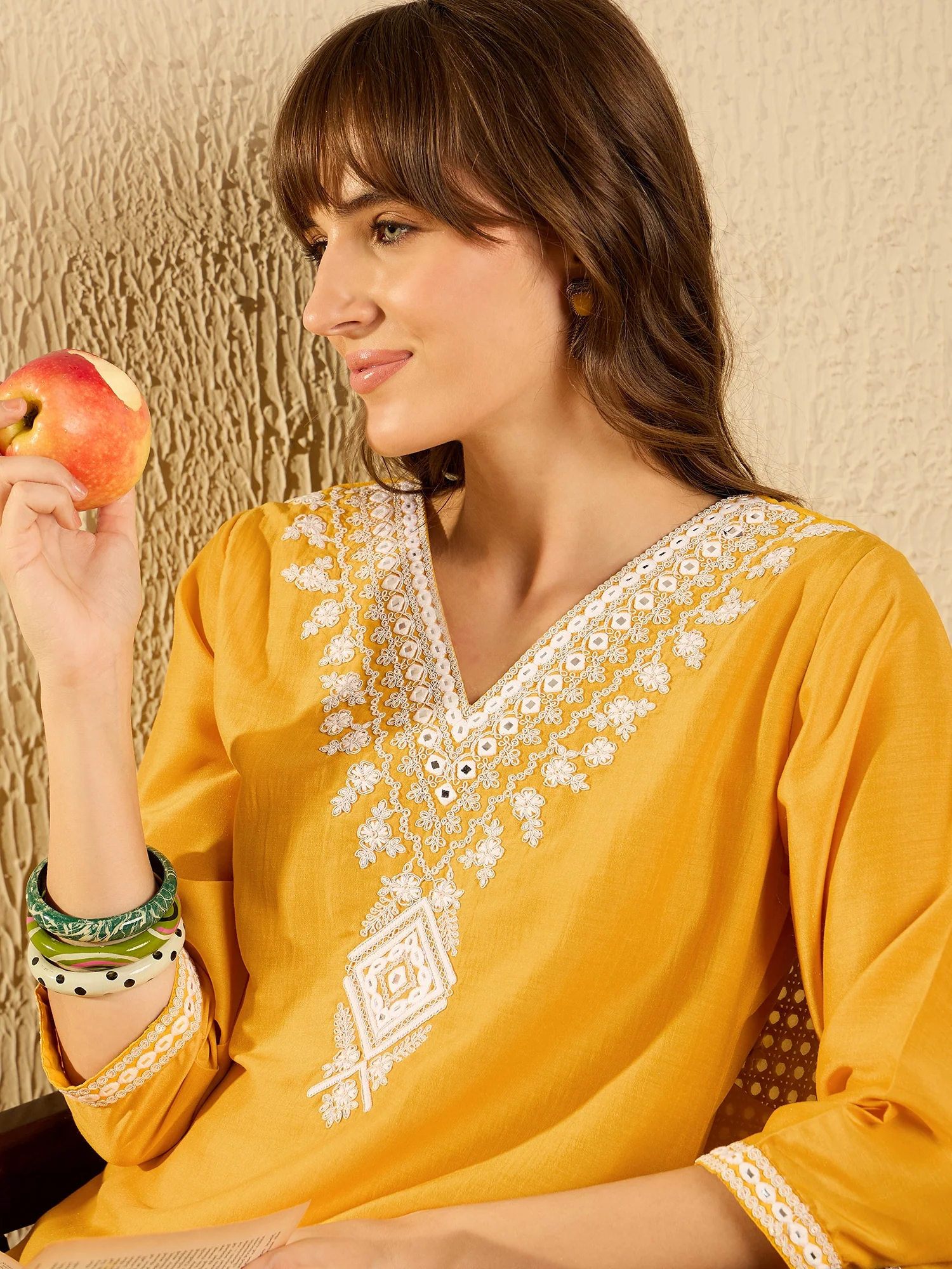 Indo Era Yellow Embroidered Straight Kurta Trousers With Dupatta set - Image 3