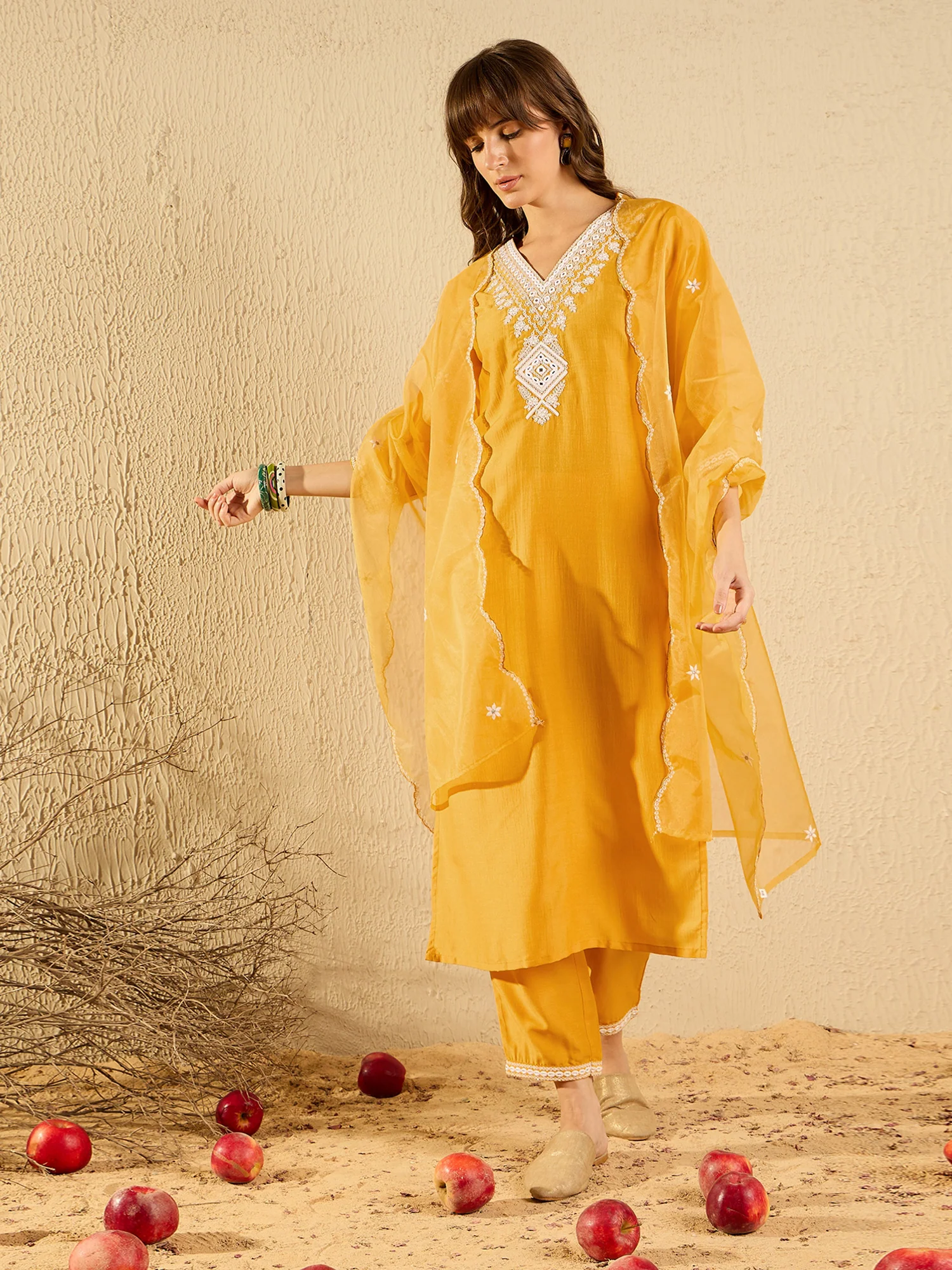 Indo Era Yellow Embroidered Straight Kurta Trousers With Dupatta set - Image 4