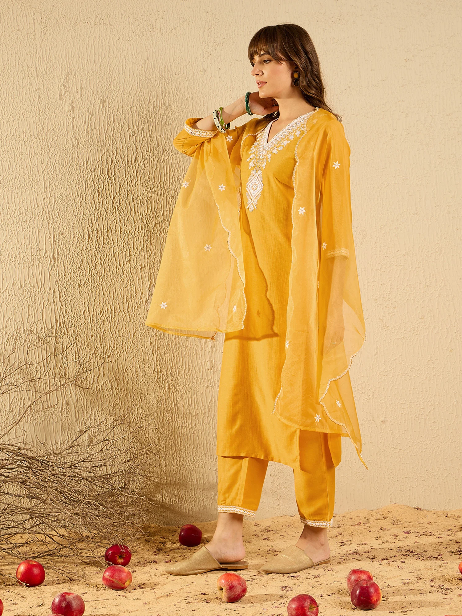 Indo Era Yellow Embroidered Straight Kurta Trousers With Dupatta set - Image 5