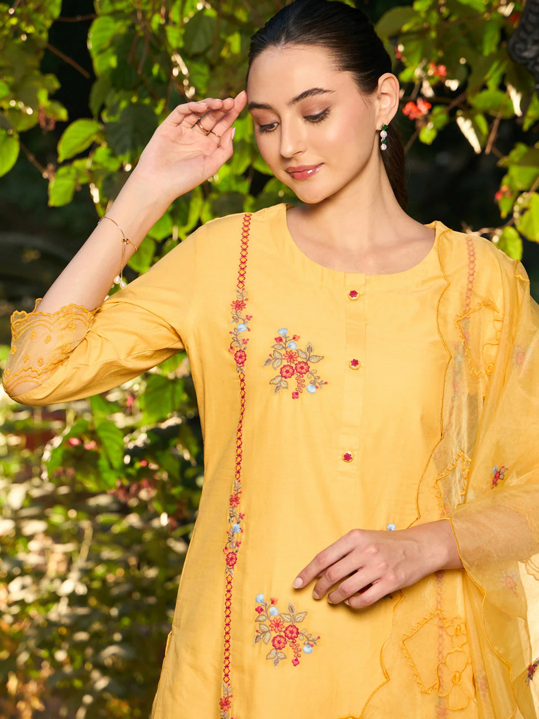 Indo Era Yellow Embroidered Straight Kurta Trousers With Dupatta set - Image 3