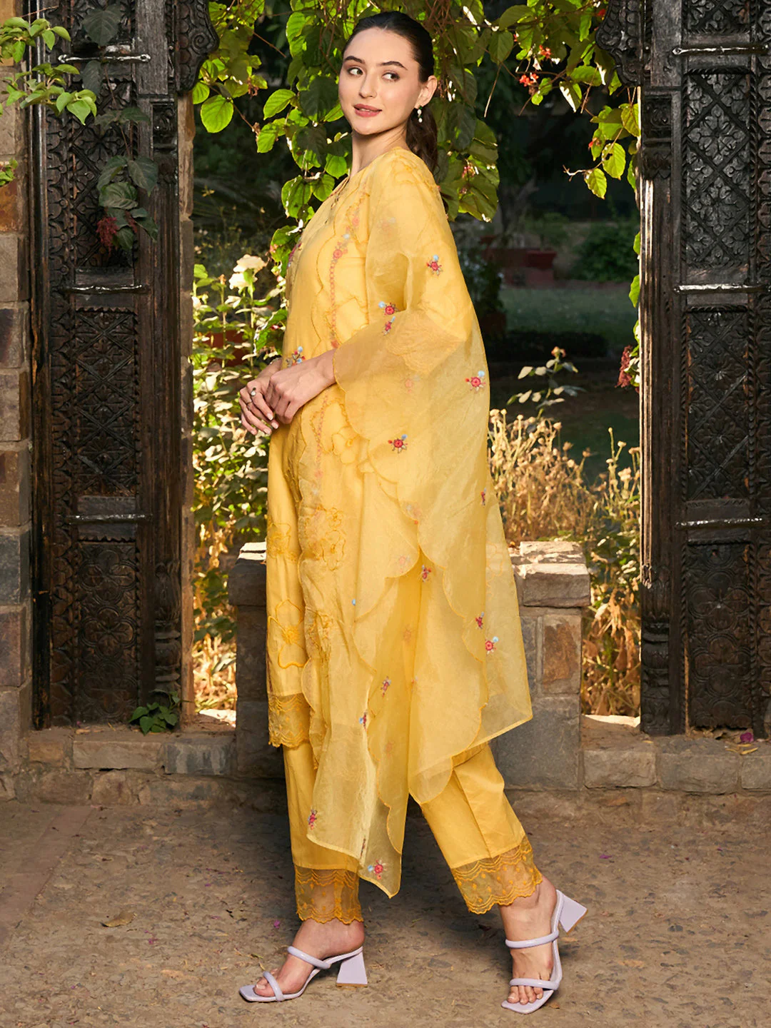 Indo Era Yellow Embroidered Straight Kurta Trousers With Dupatta set - Image 4