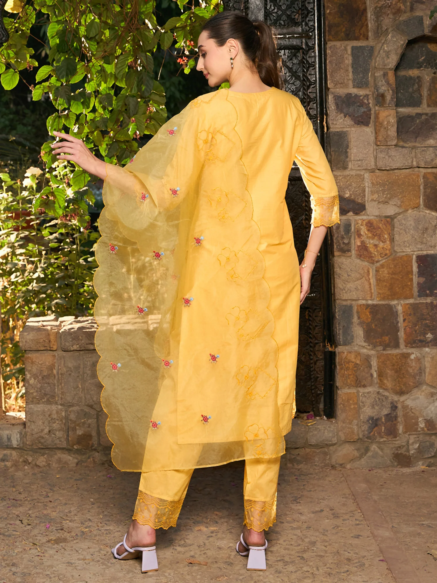 Indo Era Yellow Embroidered Straight Kurta Trousers With Dupatta set - Image 5