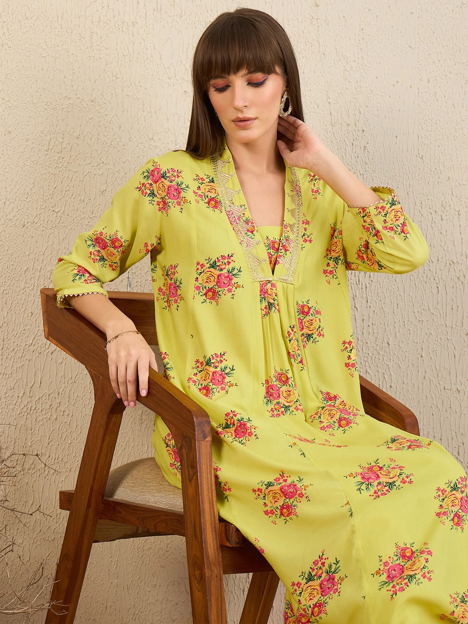 Indo Era Yellow Printed A-Line Kurtas - Image 3