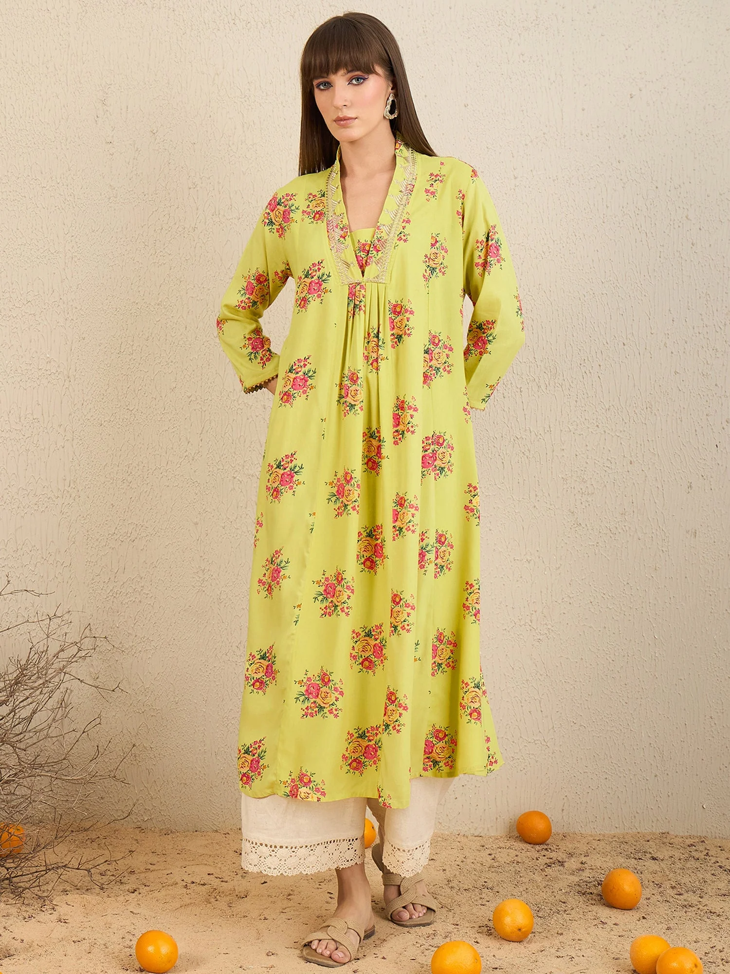 Indo Era Yellow Printed A-Line Kurtas - Image 4