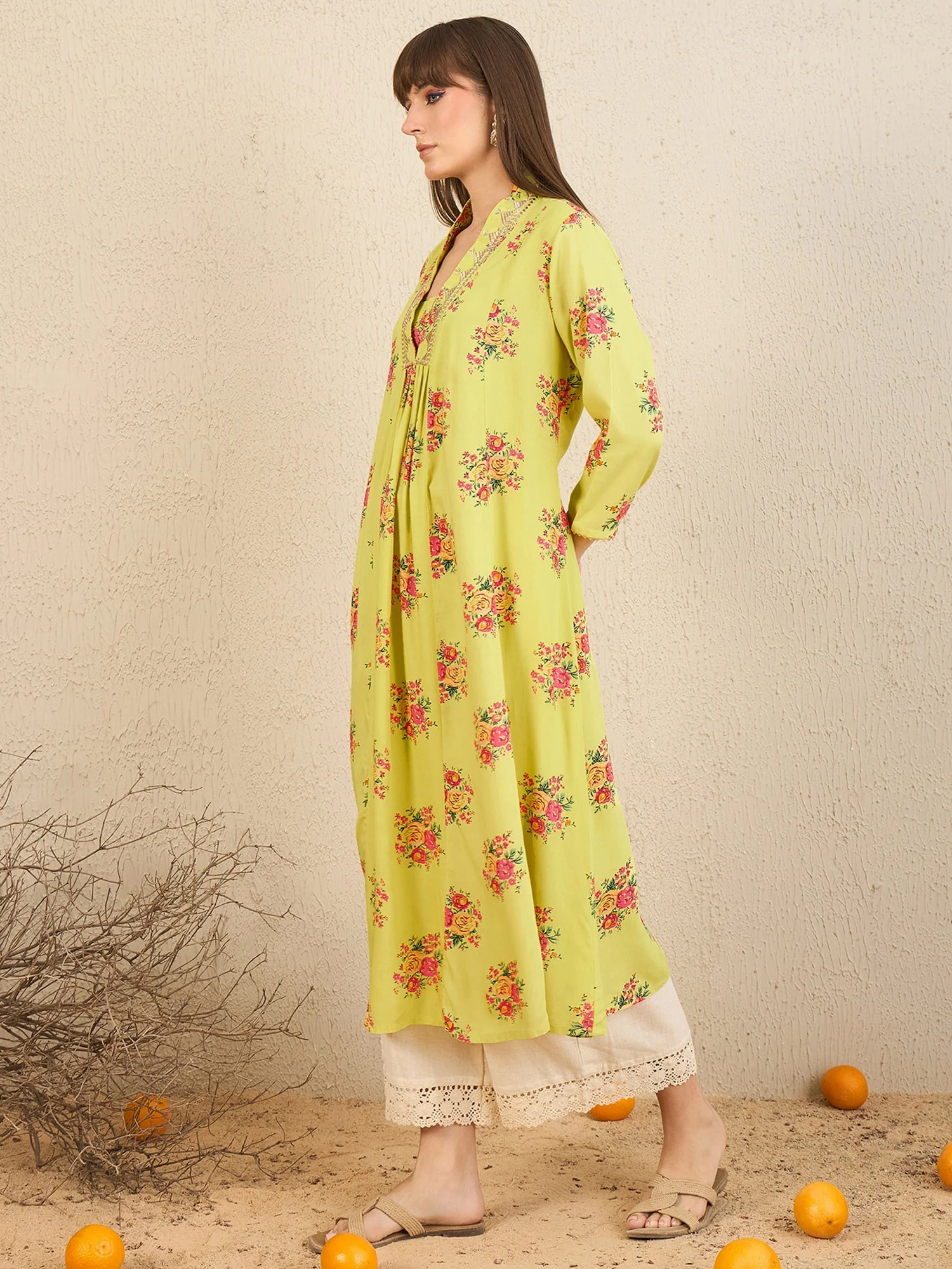 Indo Era Yellow Printed A-Line Kurtas - Image 5