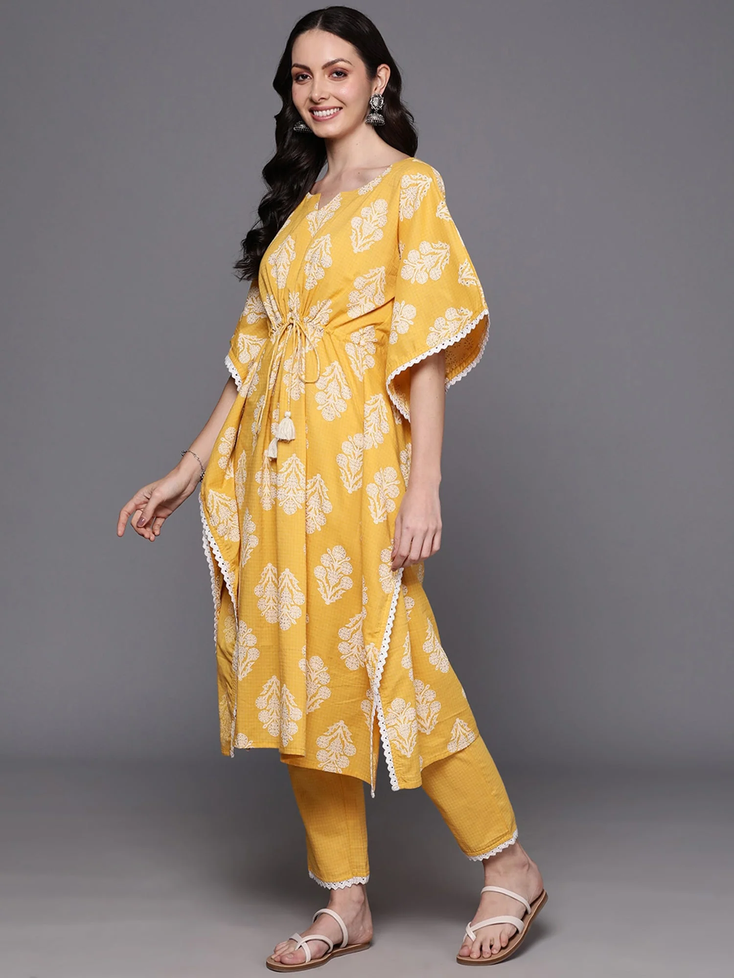 Indo Era Yellow Printed Kaftan Trousers With Dupatta Set - Image 3