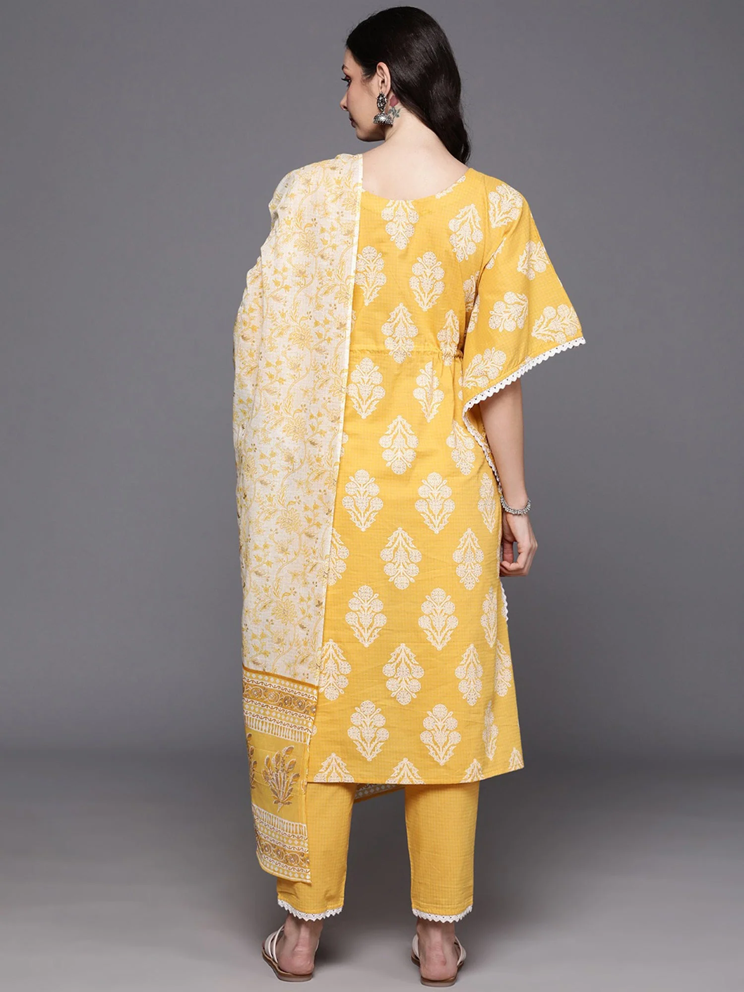 Indo Era Yellow Printed Kaftan Trousers With Dupatta Set - Image 4