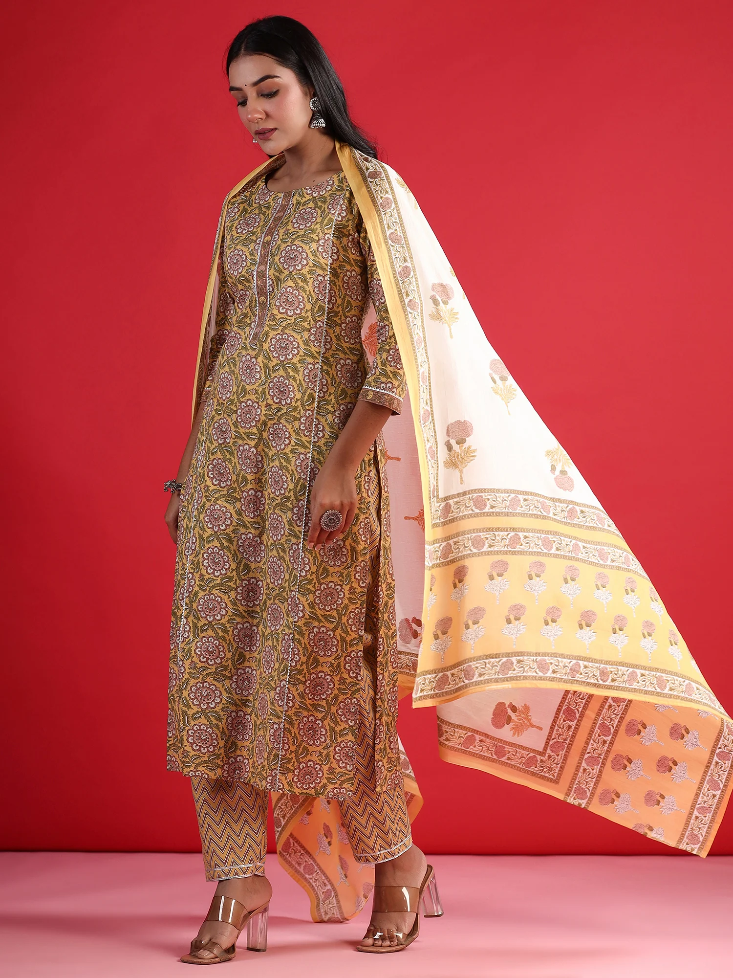 Indo Era Yellow Printed Straight Kurta Trousers With Dupatta set - Image 3