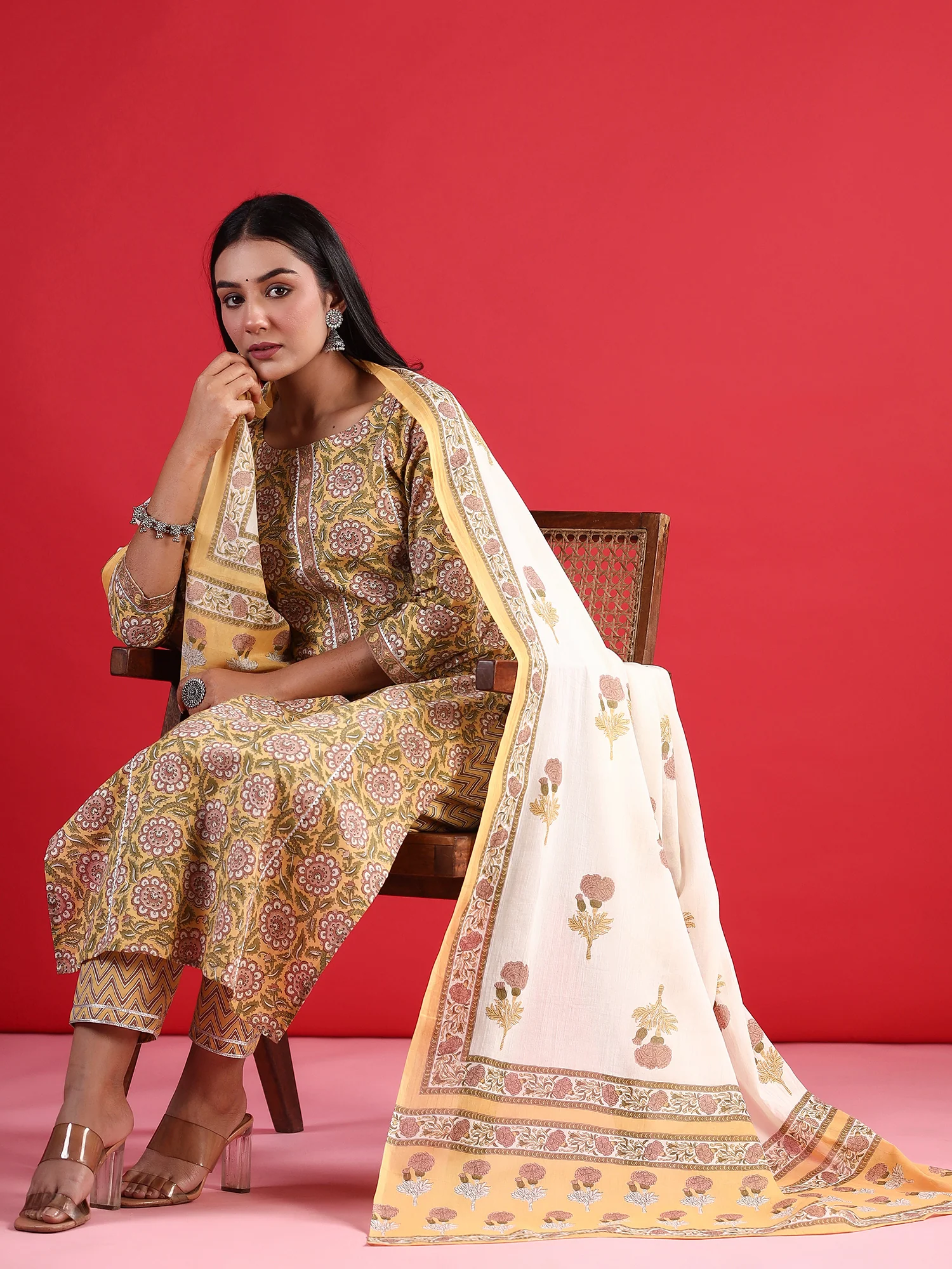 Indo Era Yellow Printed Straight Kurta Trousers With Dupatta set - Image 4