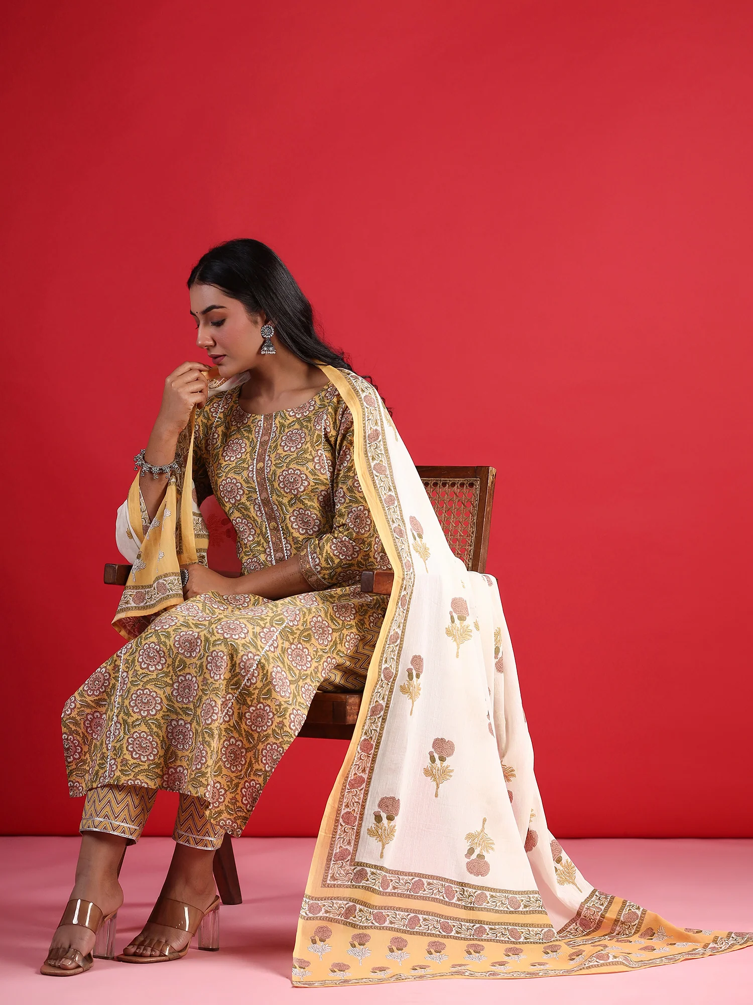 Indo Era Yellow Printed Straight Kurta Trousers With Dupatta set - Image 5