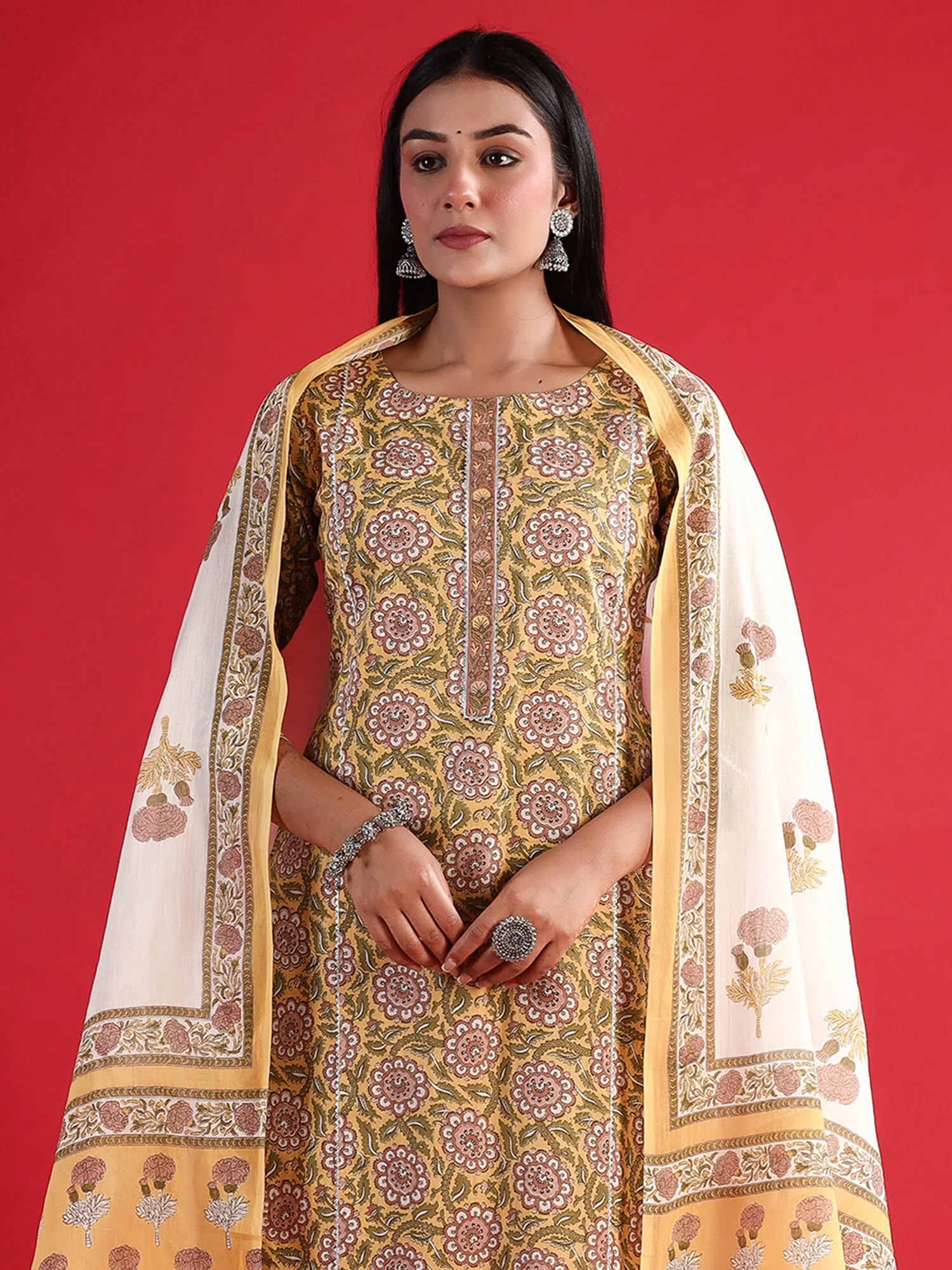 Indo Era Yellow Printed Straight Kurta Trousers With Dupatta set - Image 6