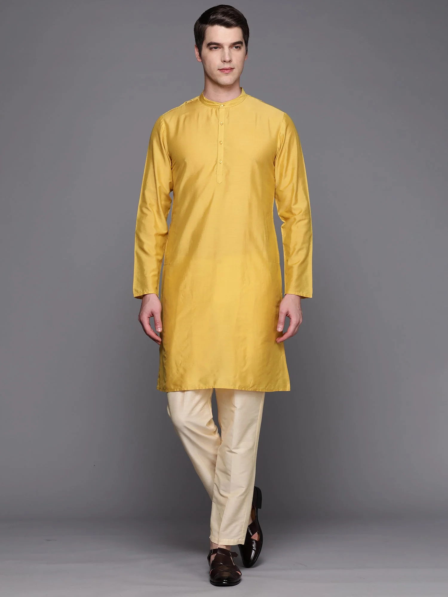 Indo Era Yellow Solid Cotton Straight Kurtas - Image 3