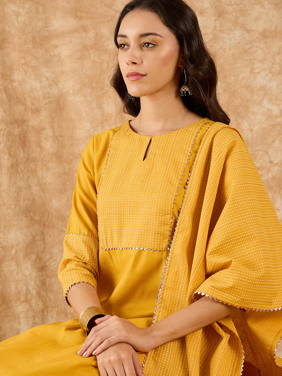 Indo Era Yellow Solid Straight Kurta Palazzo With Dupatta Set - Image 3
