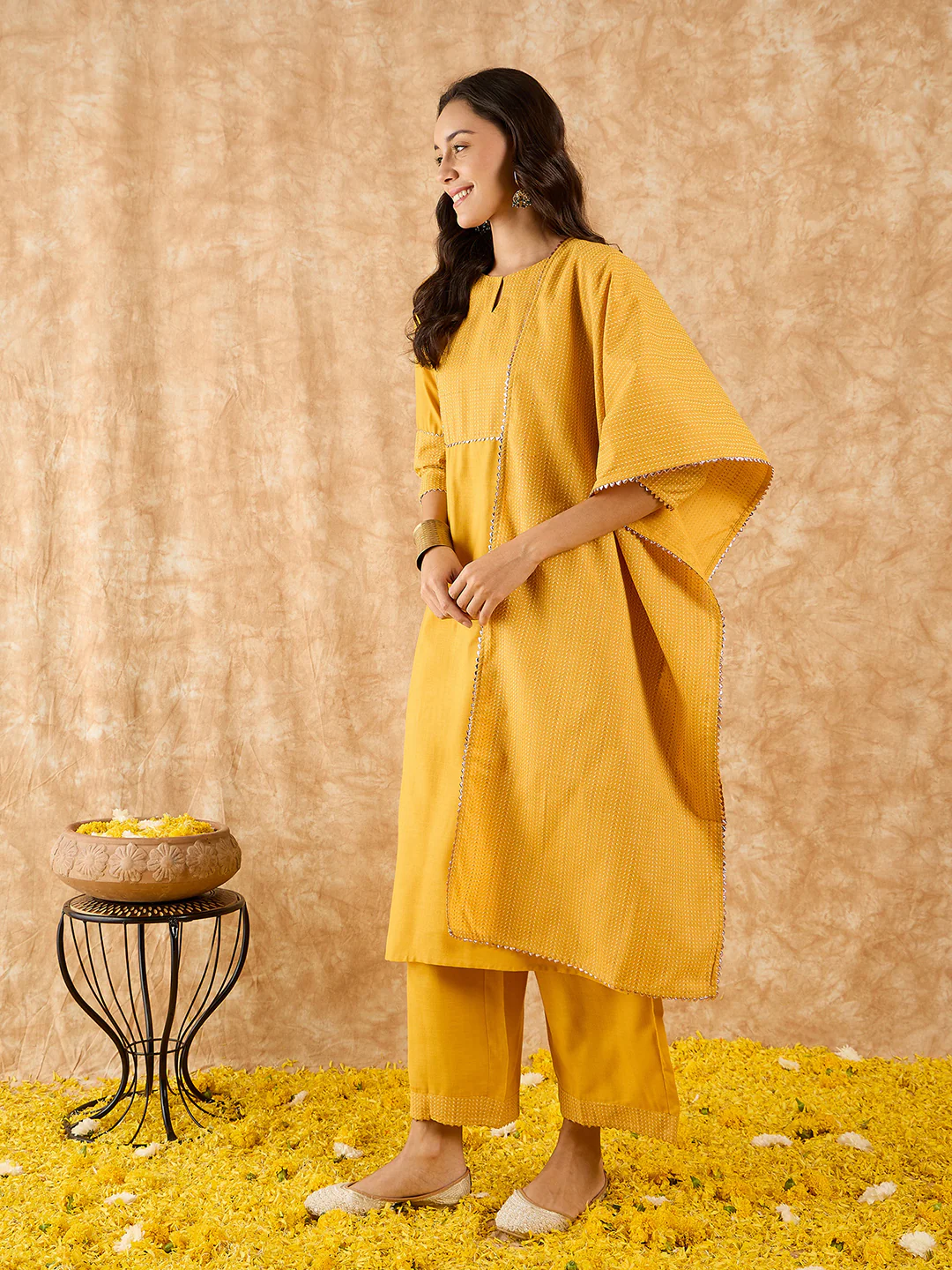 Indo Era Yellow Solid Straight Kurta Palazzo With Dupatta Set - Image 4