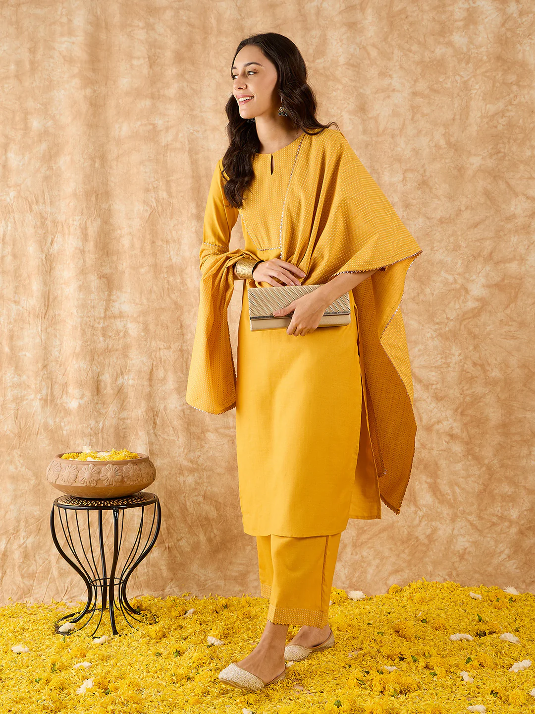 Indo Era Yellow Solid Straight Kurta Palazzo With Dupatta Set - Image 5