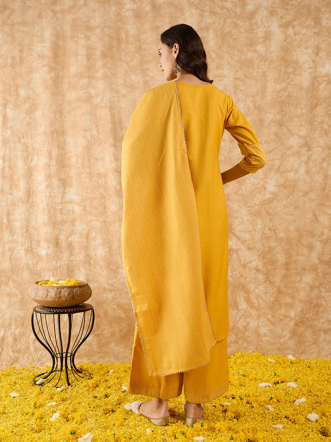 Indo Era Yellow Solid Straight Kurta Palazzo With Dupatta Set - Image 6